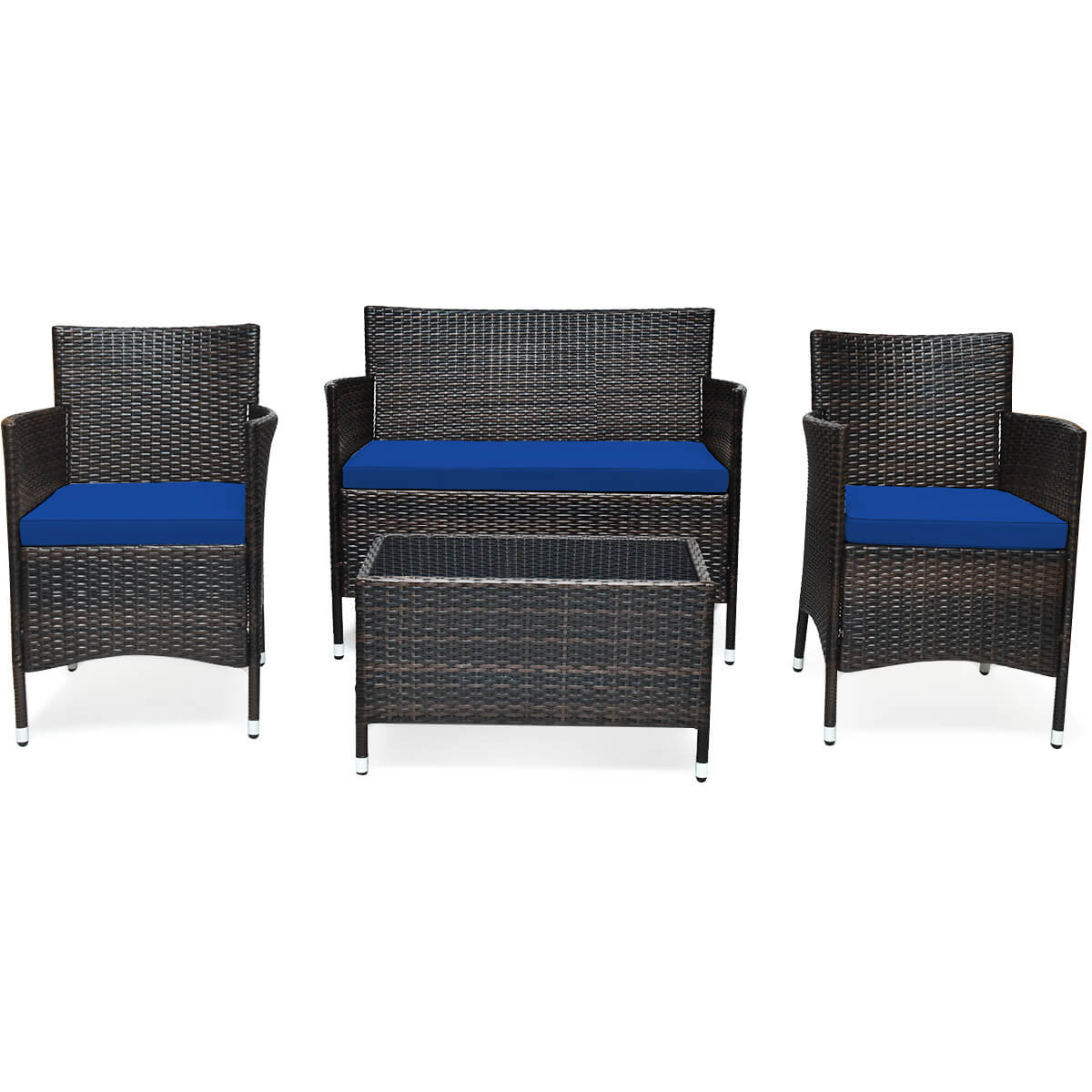4 Pieces Rattan Sofa Set with Glass Table for Outdoor Patio-Navy (Fully Assembled)