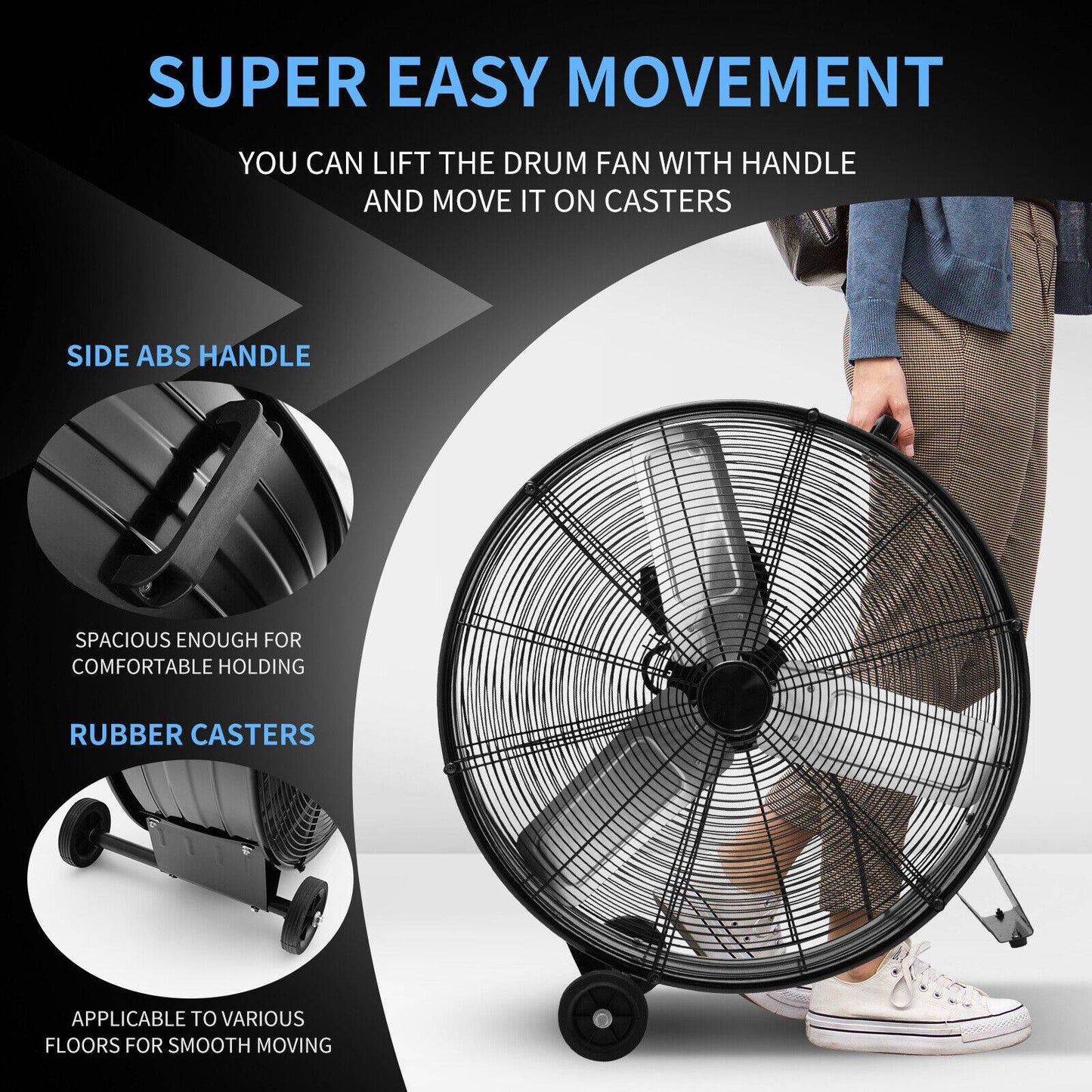 3-Speed 24 Inch Industrial Drum Fan with Aluminum Blades-Black