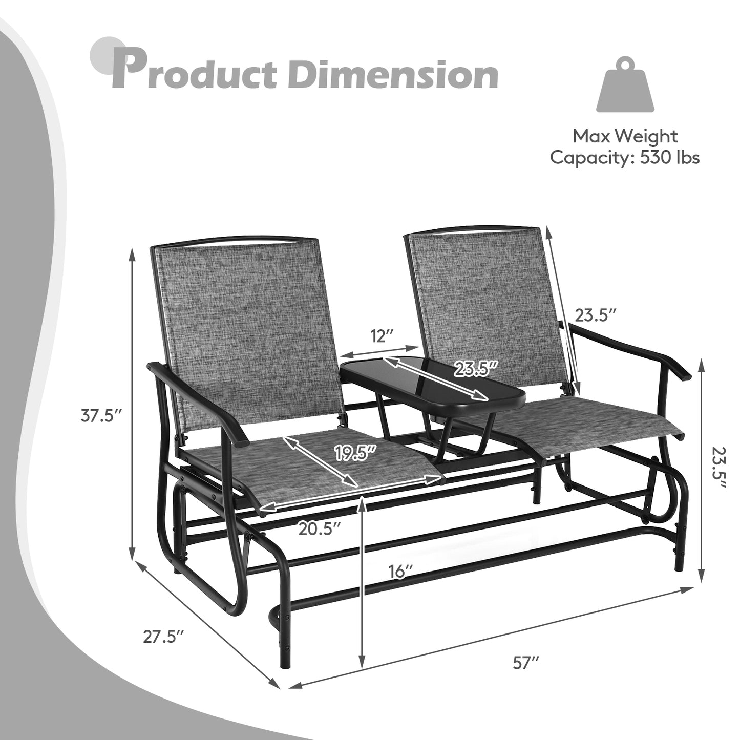 2-Person Double Rocking Loveseat Glider-Gray, 1 Box, unassembled