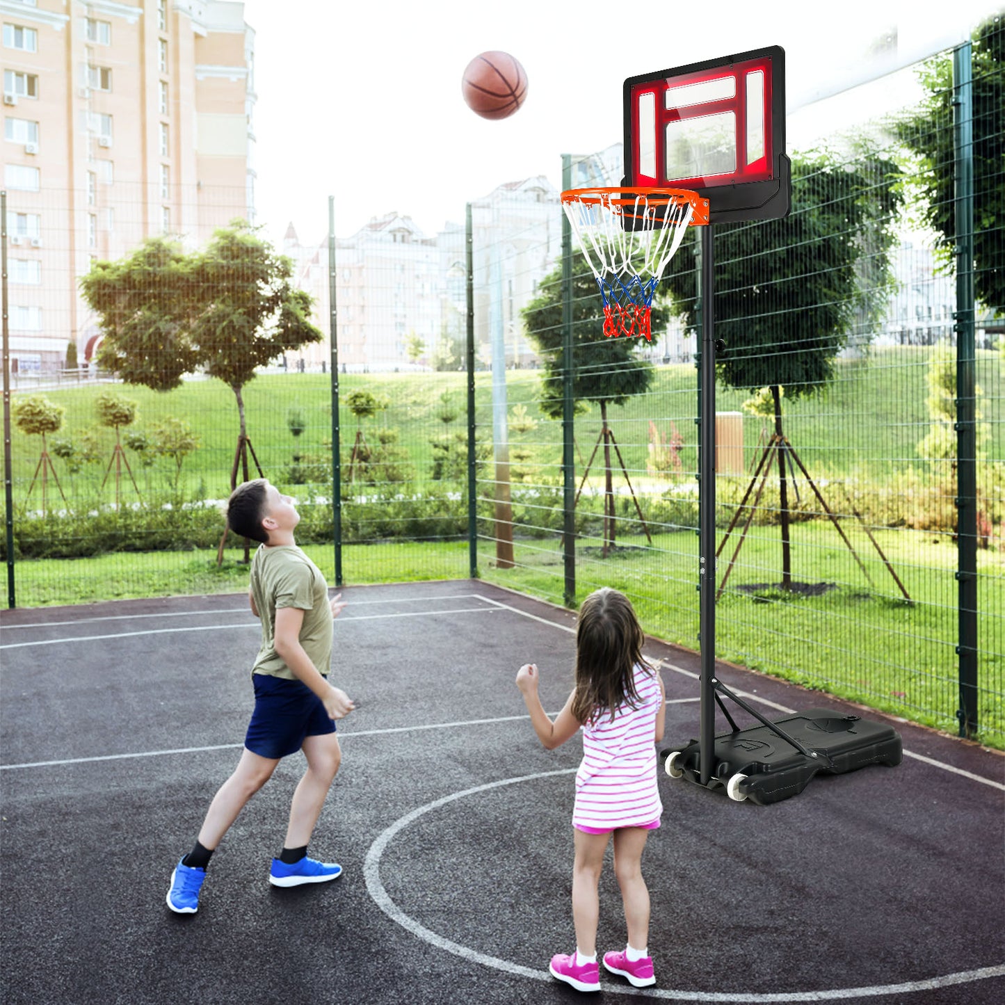 4.3-8.2 FT Portable Basketball Hoop with Adjustable Height and Wheels-Red, 1 box, unassembled