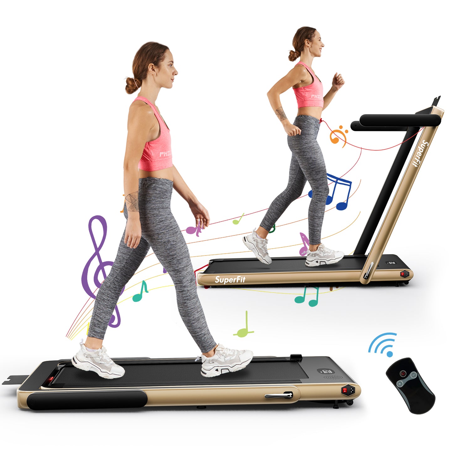 2.25HP 2 in 1 Folding Treadmill with APP Speaker Remote Control-Gold (MAX265lbs)