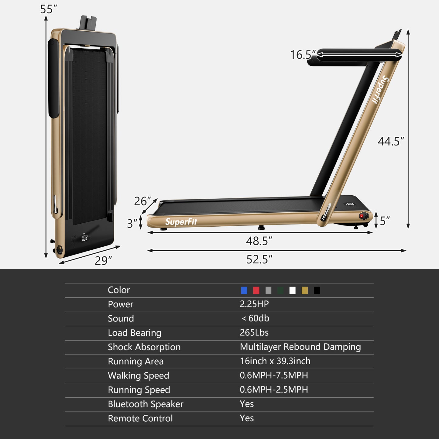 2.25HP 2 in 1 Folding Treadmill with APP Speaker Remote Control-Gold (MAX265lbs)