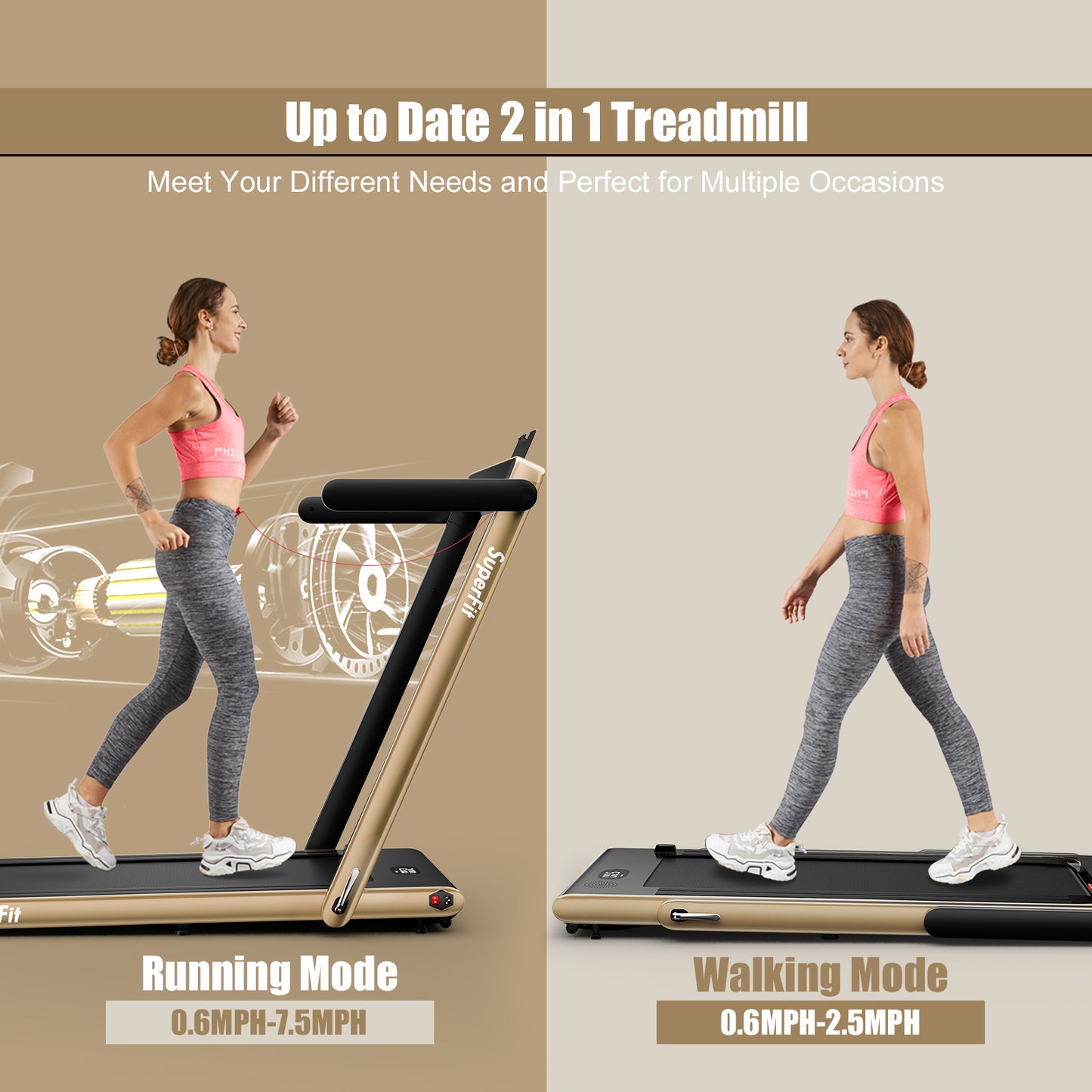 2.25HP 2 in 1 Folding Treadmill with APP Speaker Remote Control-Gold (MAX265lbs)
