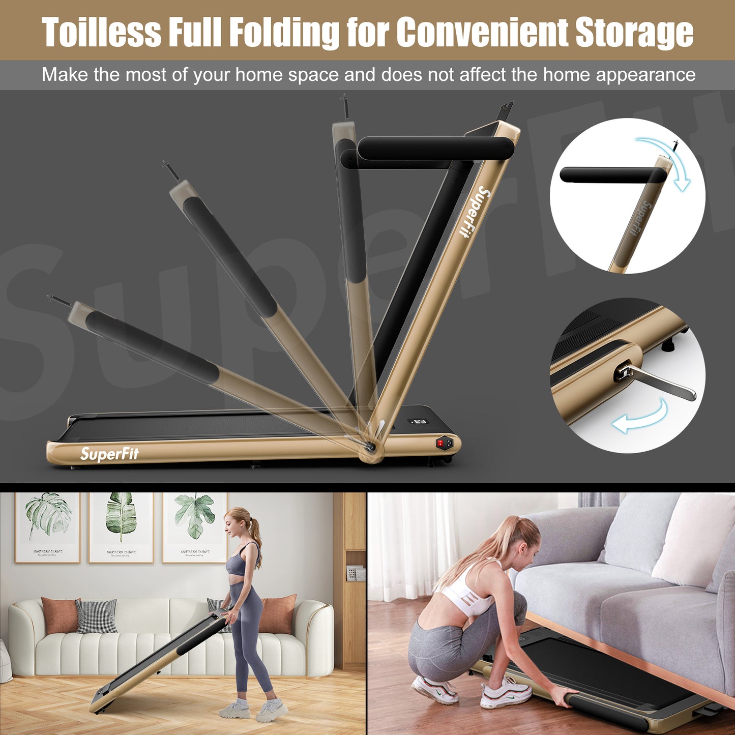 2.25HP 2 in 1 Folding Treadmill with APP Speaker Remote Control-Gold (MAX265lbs)