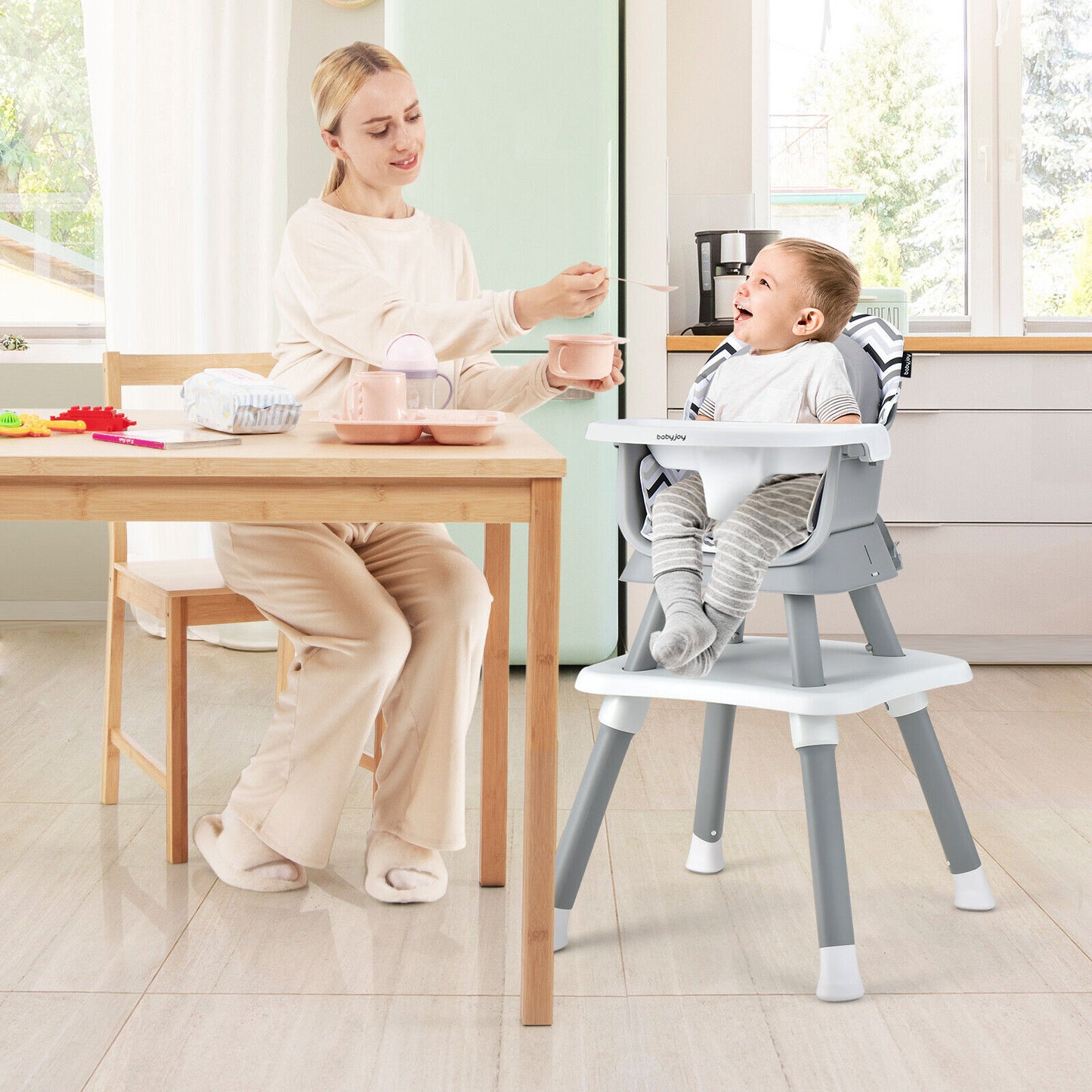 6-in-1  Baby High Chair with Adj Tray-Gray & White, Customer Return Special