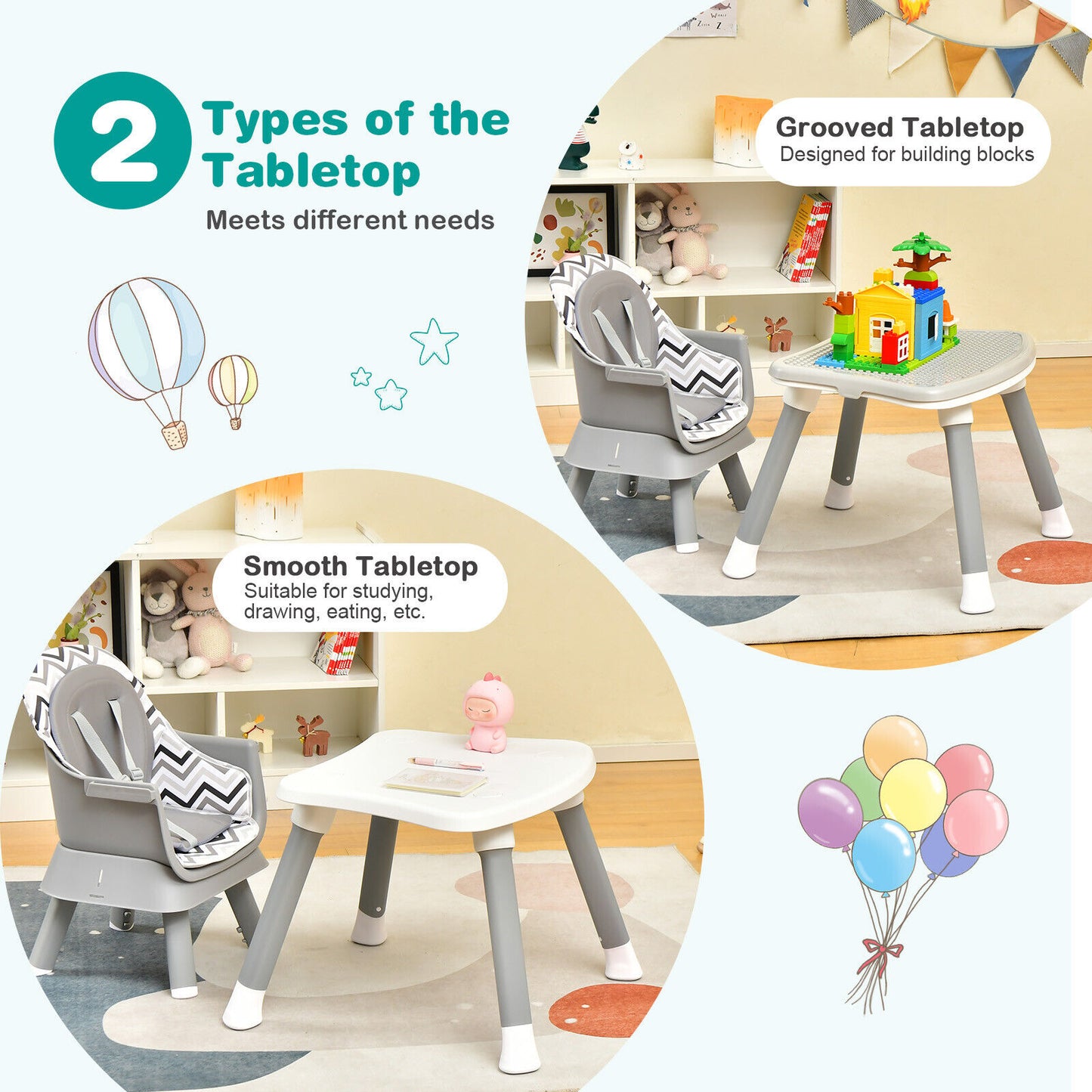 6-in-1  Baby High Chair with Adj Tray-Gray & White, Customer Return Special