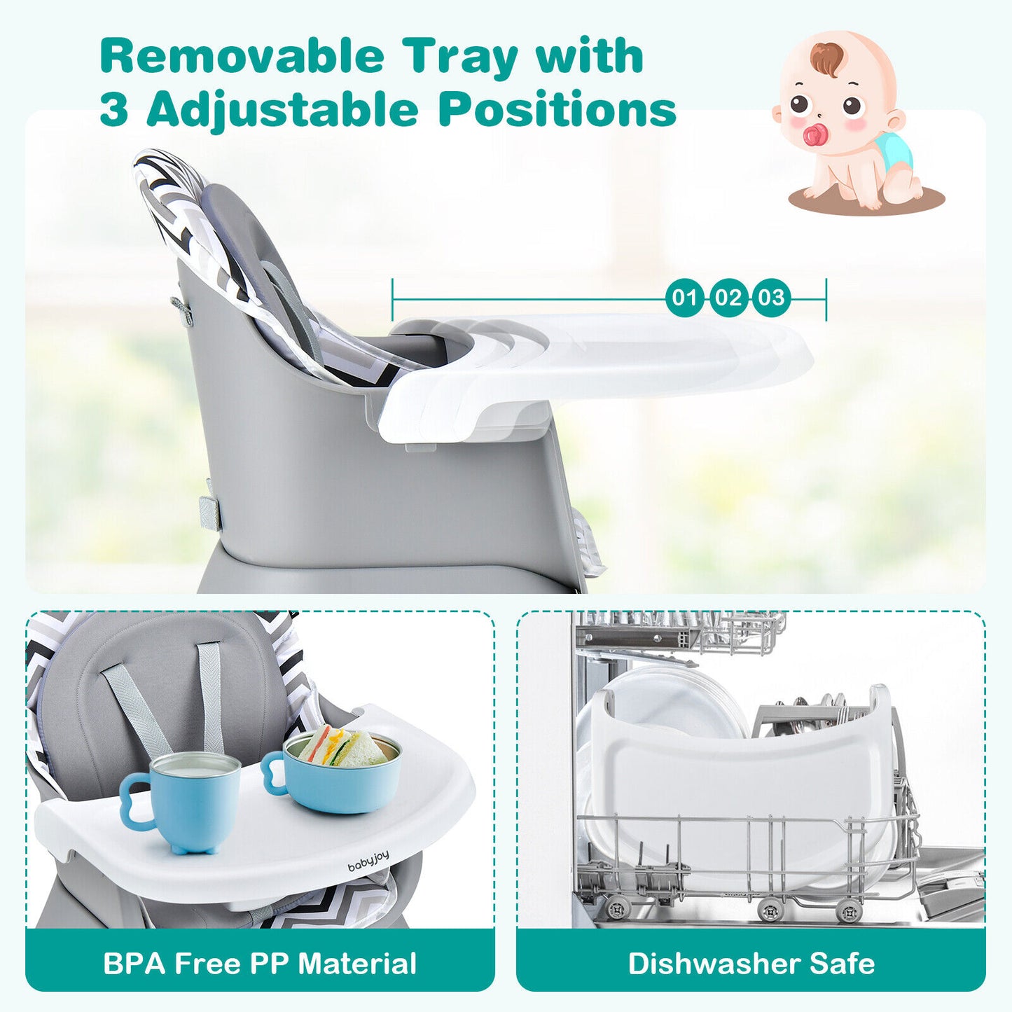 6-in-1  Baby High Chair with Adj Tray-Gray & White, Customer Return Special
