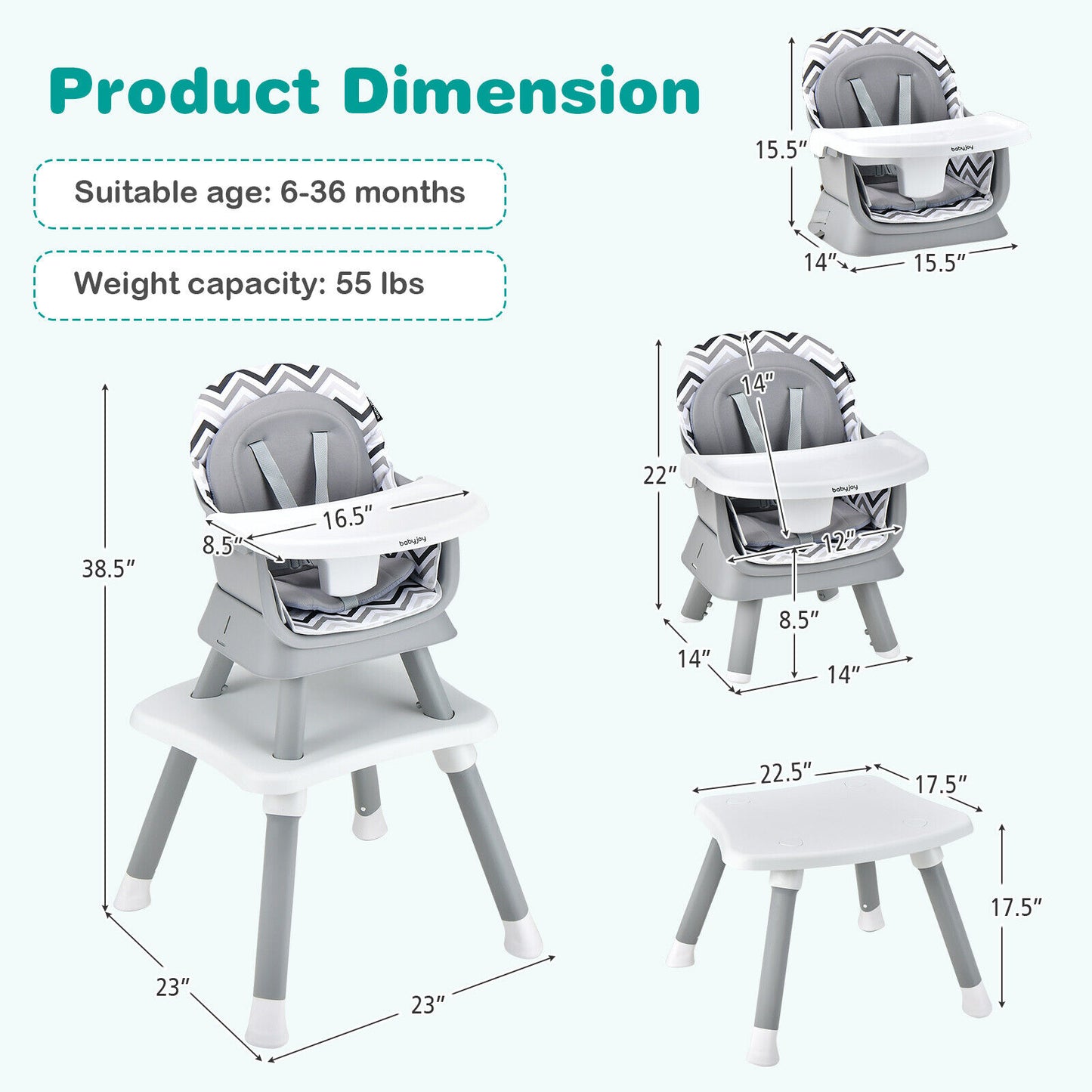 6-in-1  Baby High Chair with Adj Tray-Gray & White, Customer Return Special