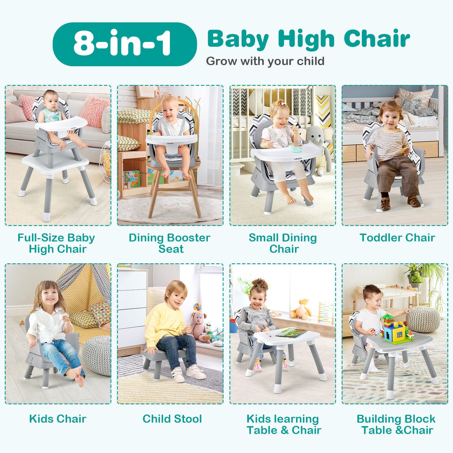 6-in-1  Baby High Chair with Adj Tray-Gray & White, Customer Return Special