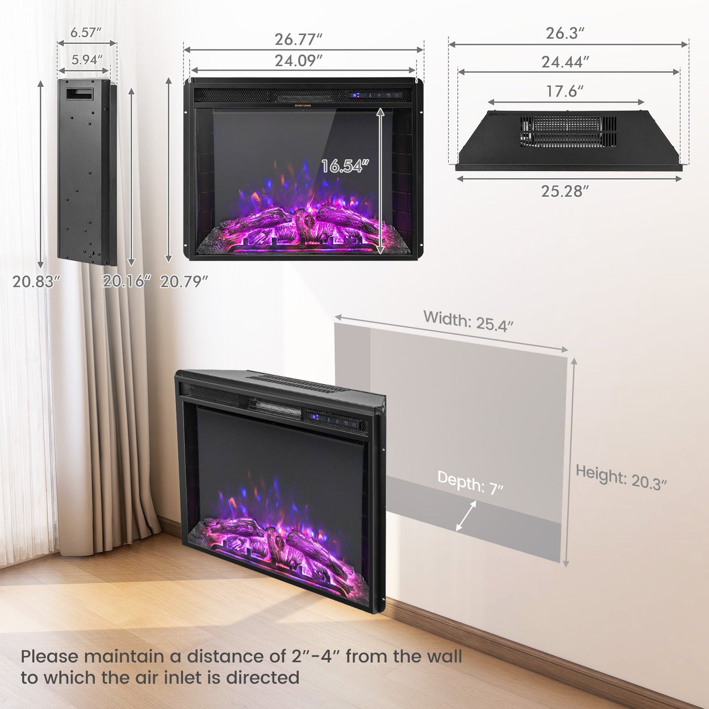 26 inch Inset Electric Fireplace with Adjustable Flame Brightness