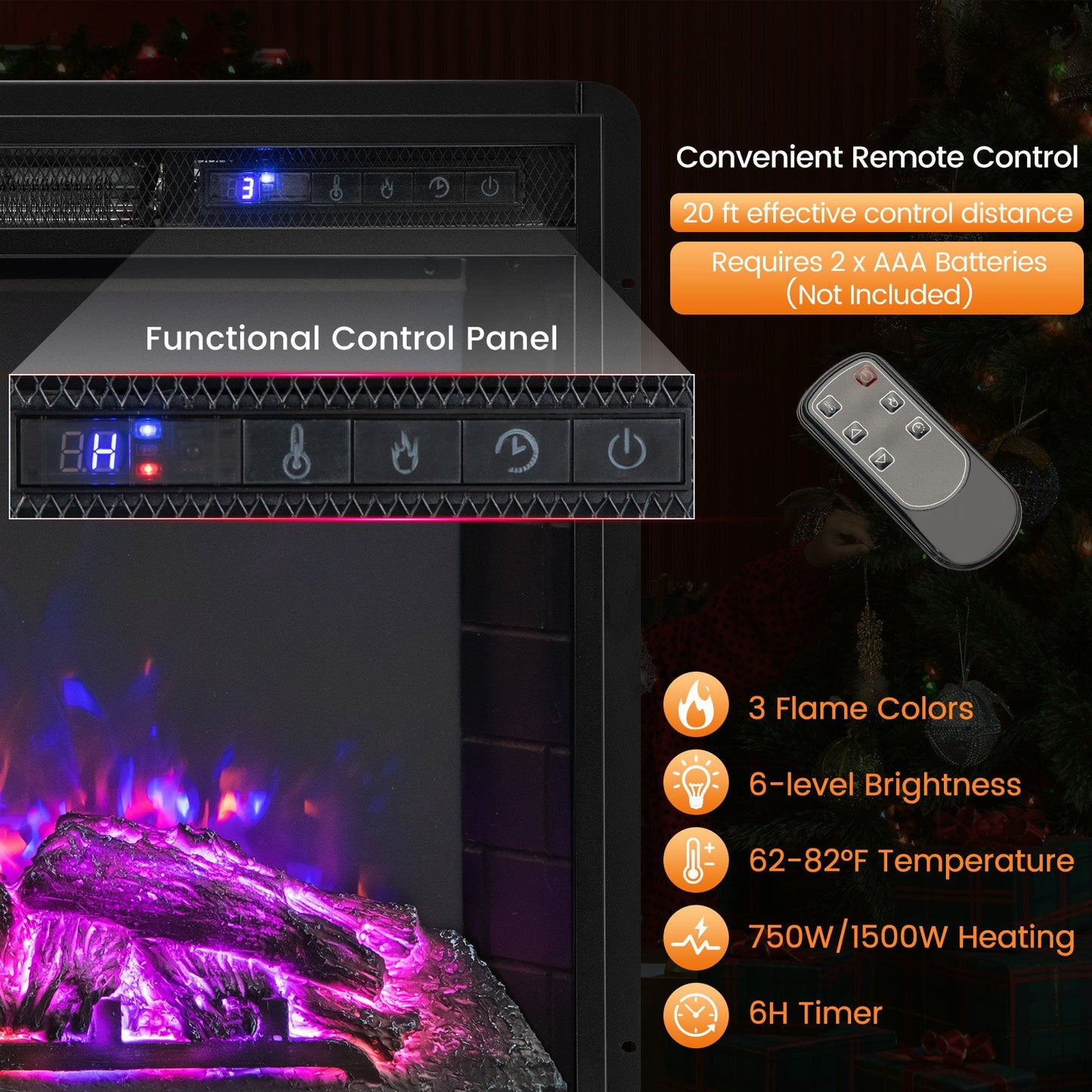 26 inch Inset Electric Fireplace with Adjustable Flame Brightness