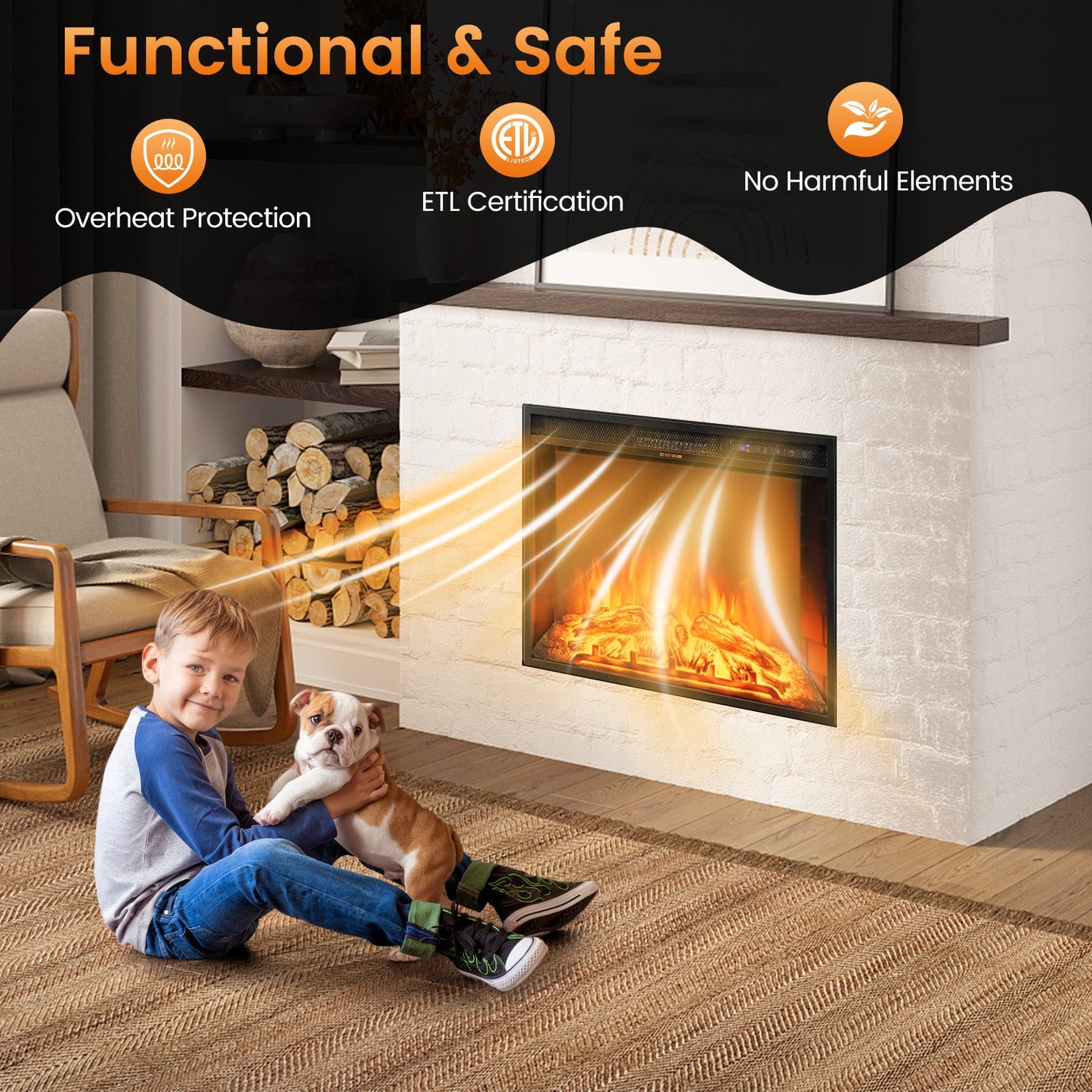 26 inch Inset Electric Fireplace with Adjustable Flame Brightness