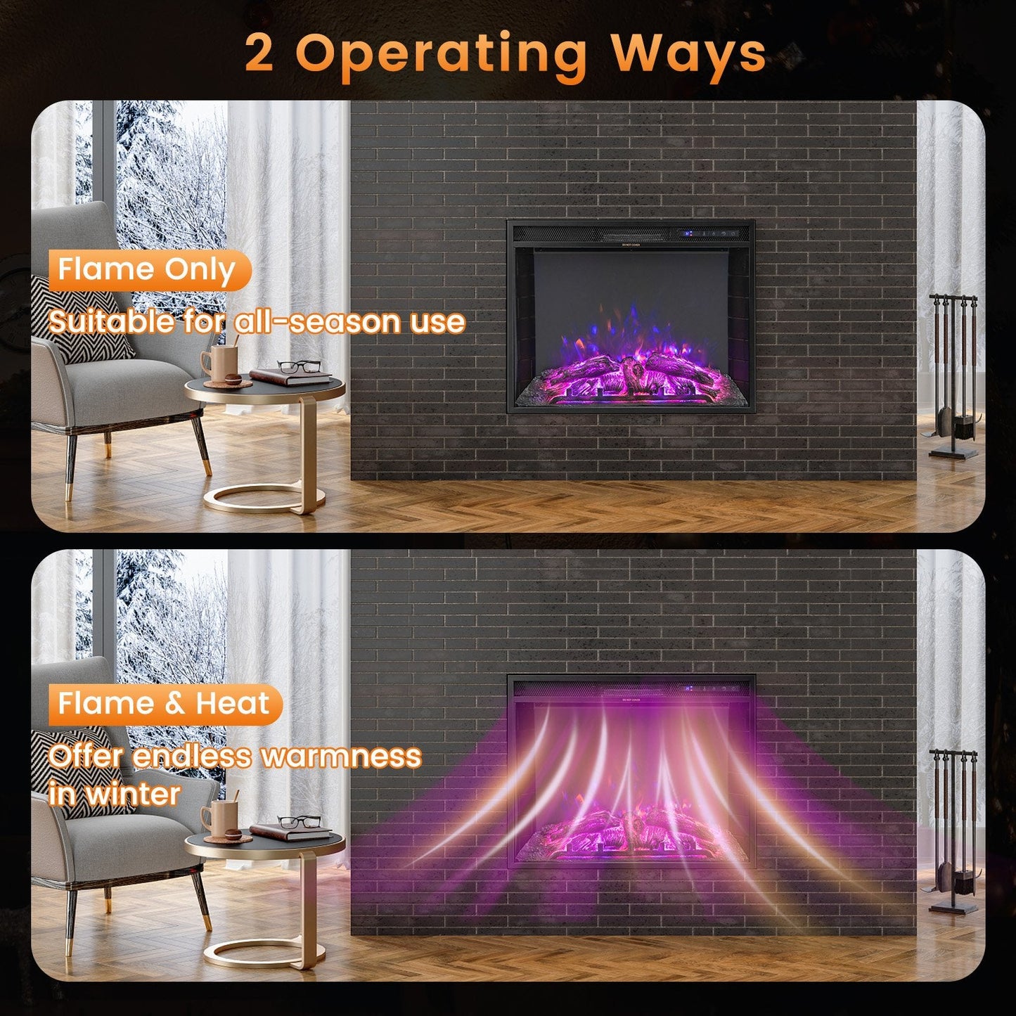 26 inch Inset Electric Fireplace with Adjustable Flame Brightness