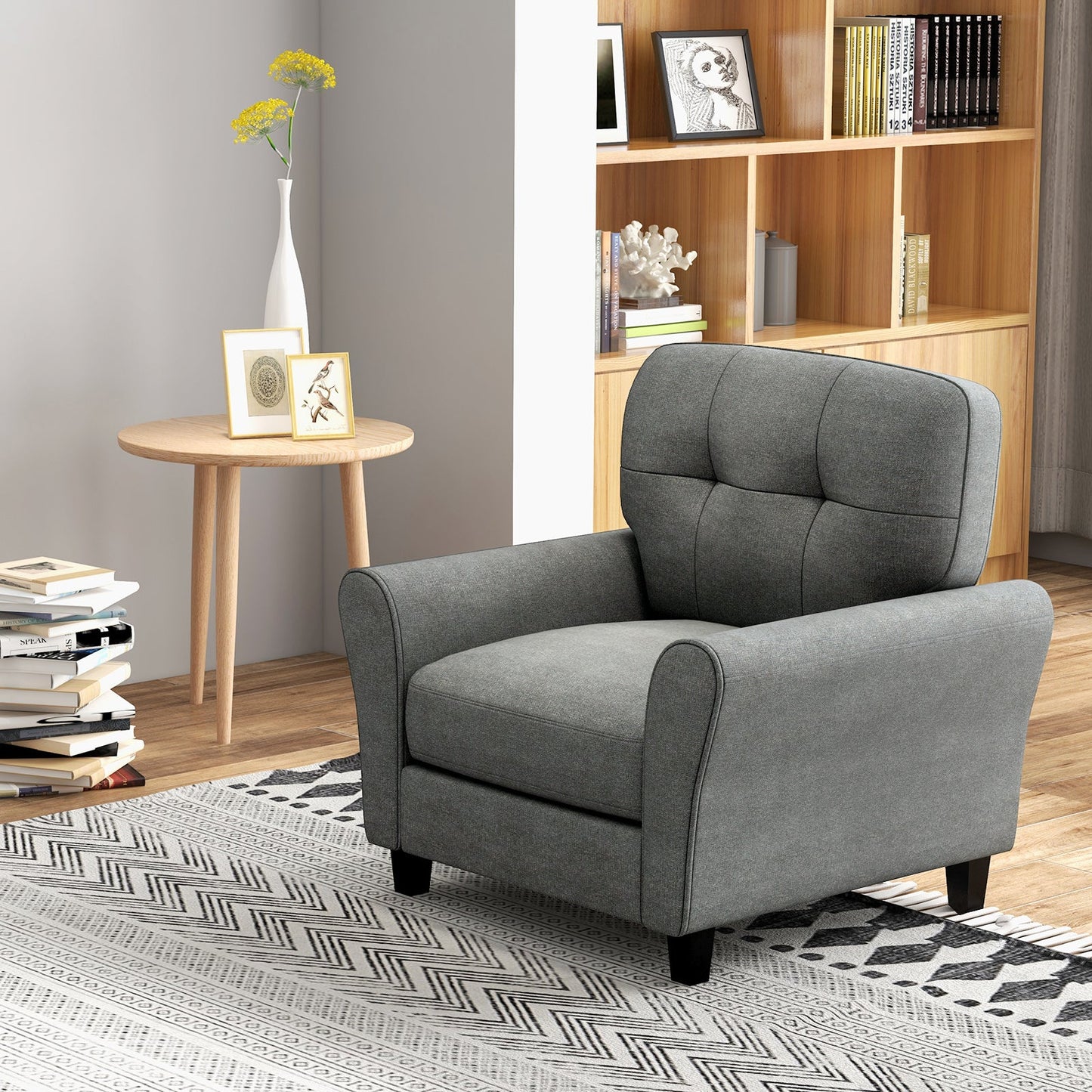 Modern Upholstered Accent Chair with Rubber Wood Legs-Gray/Green