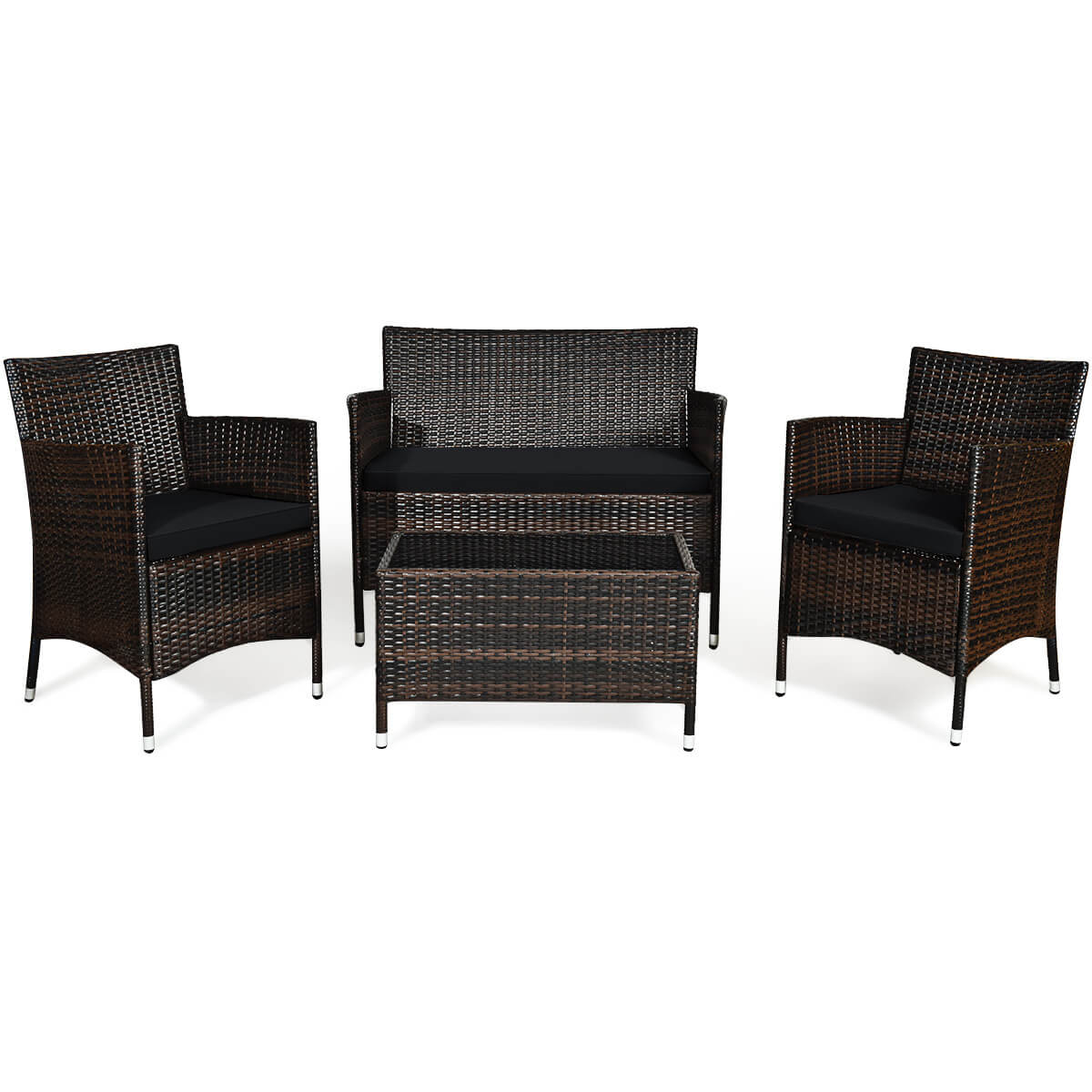 4 Pieces Rattan Sofa Set with Glass Table and Comfortable Wicker for Outdoor Patio-Black, Fully Assembled