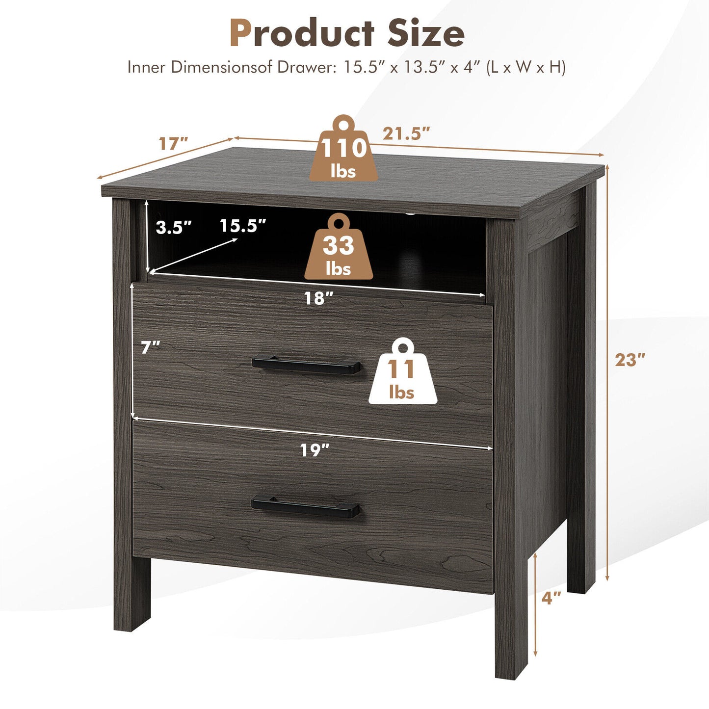 2PCS Nightstand End Table w/ 2 Drawers Cable Hole - Walnut