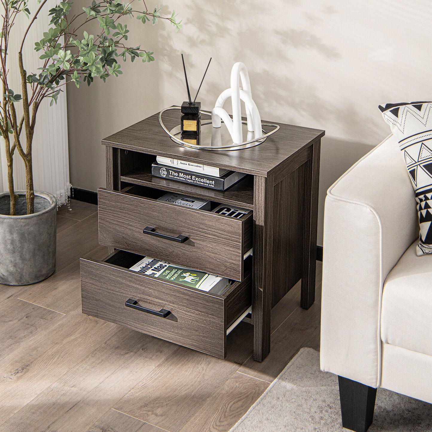 2PCS Nightstand End Table w/ 2 Drawers Cable Hole - Walnut
