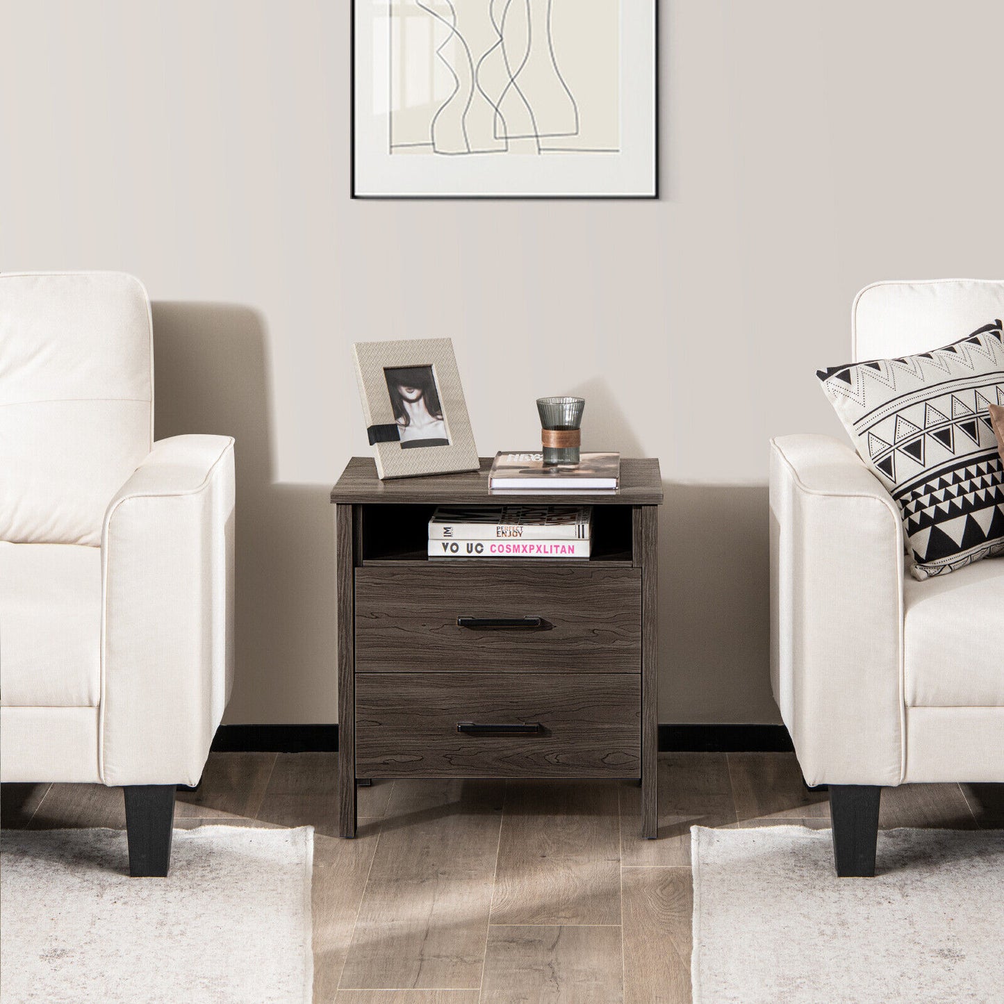 2PCS Nightstand End Table w/ 2 Drawers Cable Hole - Walnut