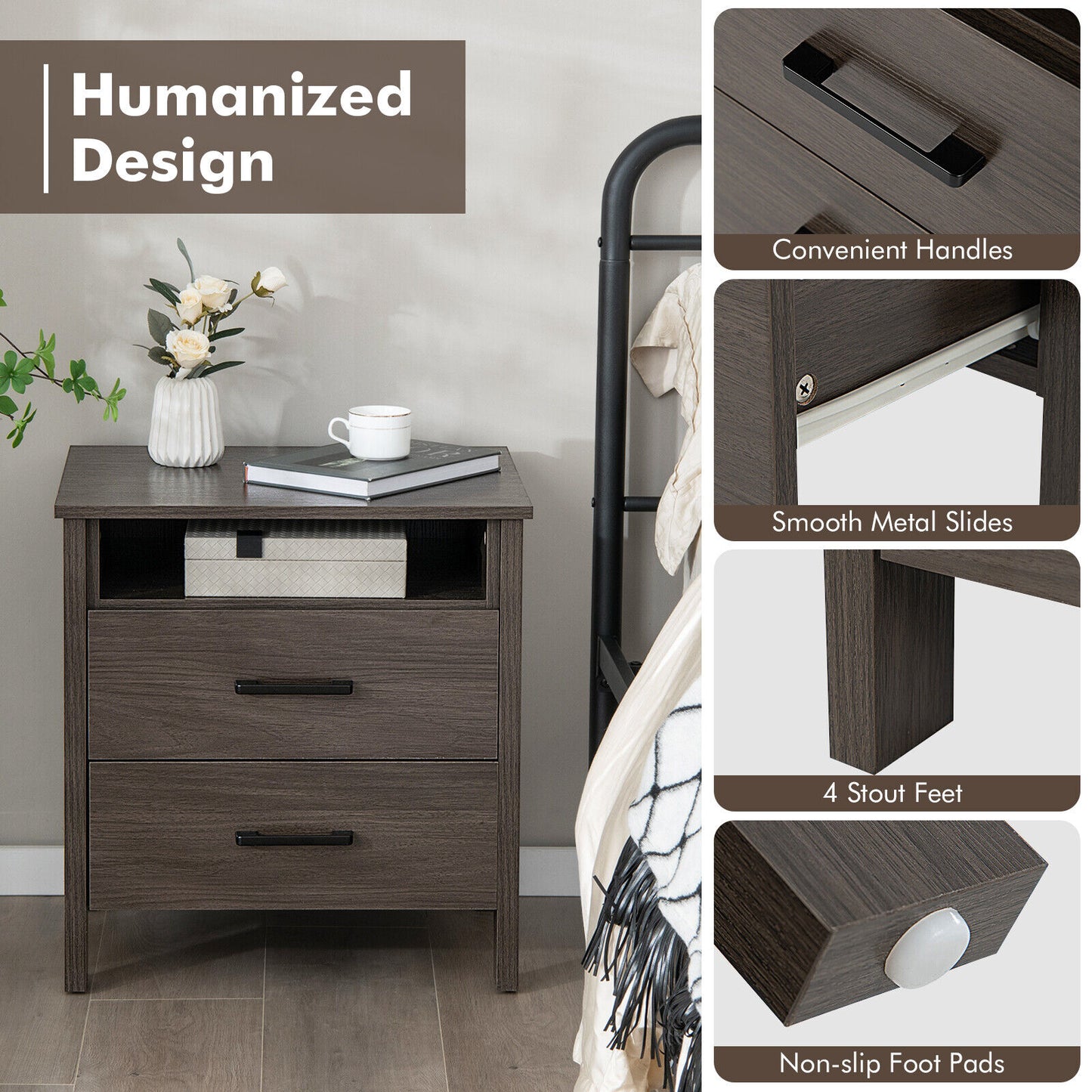 2PCS Nightstand End Table w/ 2 Drawers Cable Hole - Walnut