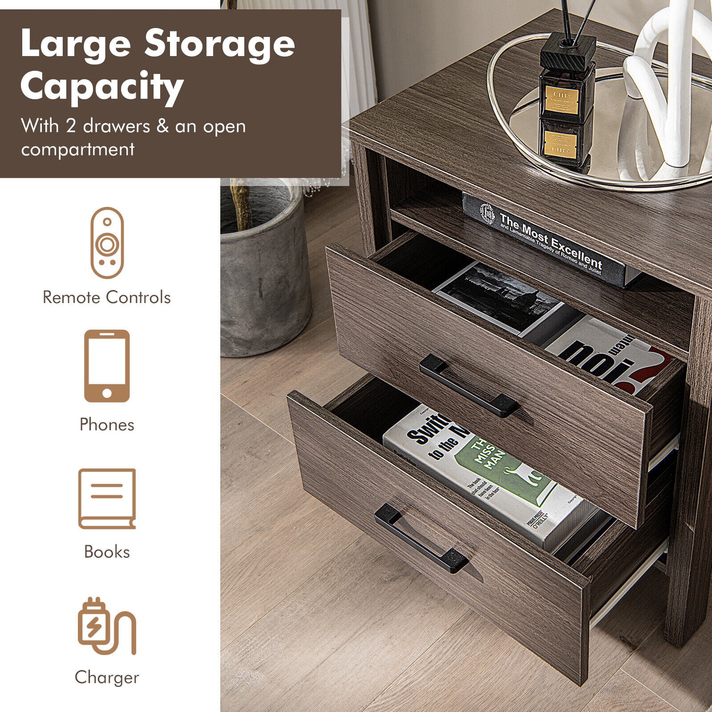 2PCS Nightstand End Table w/ 2 Drawers Cable Hole - Walnut