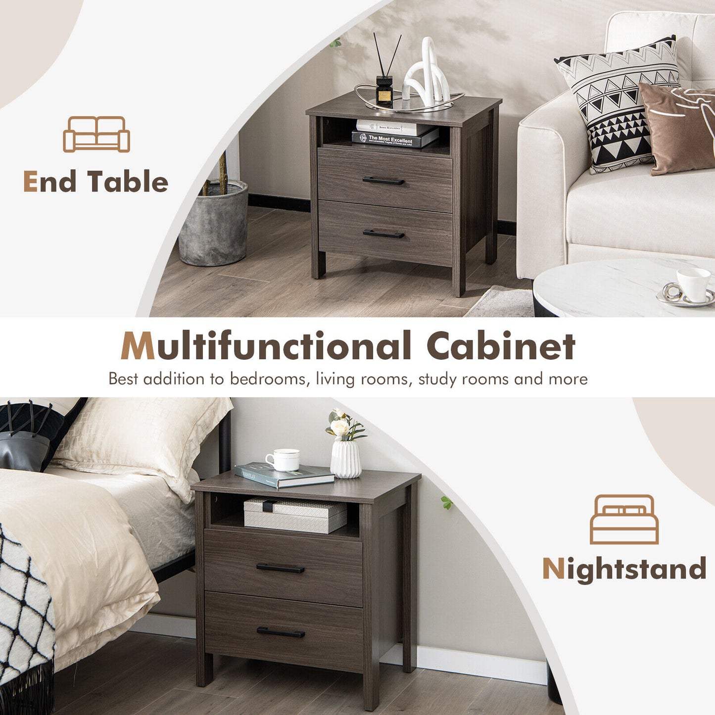 2PCS Nightstand End Table w/ 2 Drawers Cable Hole - Walnut