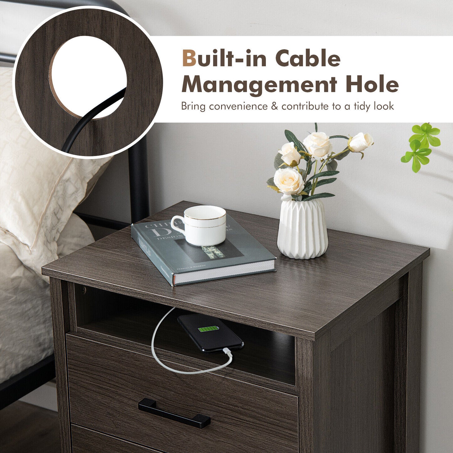 2PCS Nightstand End Table w/ 2 Drawers Cable Hole - Walnut