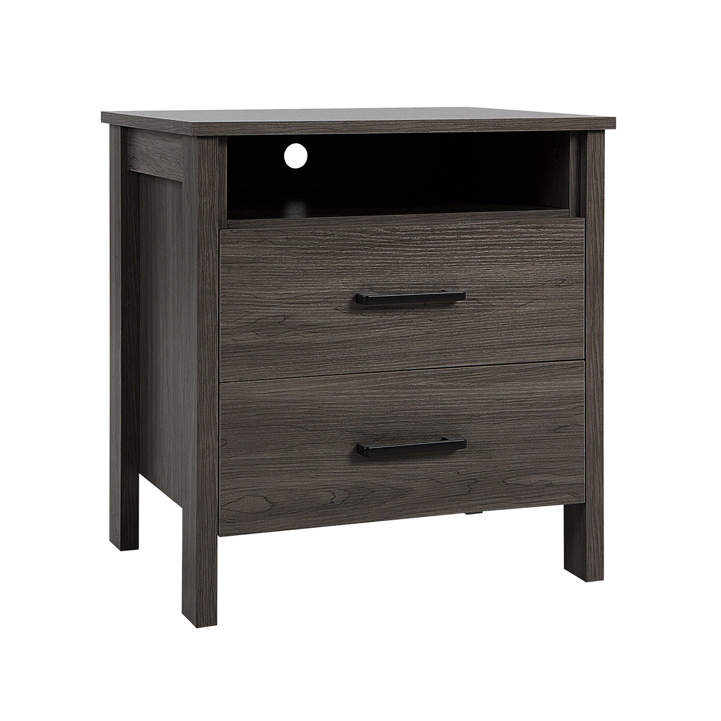 2PCS Nightstand End Table w/ 2 Drawers Cable Hole - Walnut