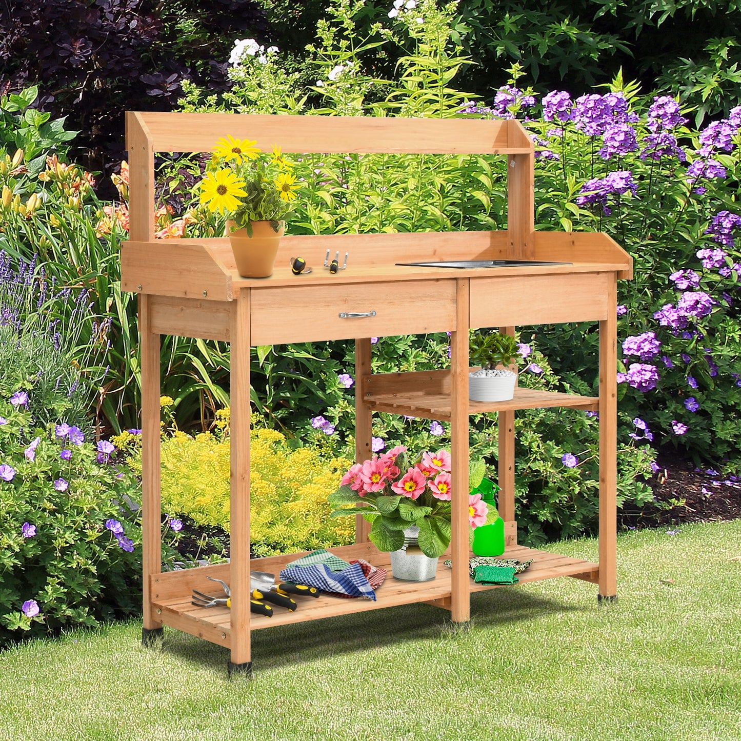 SPECIAL, Outdoor Lawn Patio Potting Bench Storage Table Shelf, Fully Assembled (Scratch and Dent)
