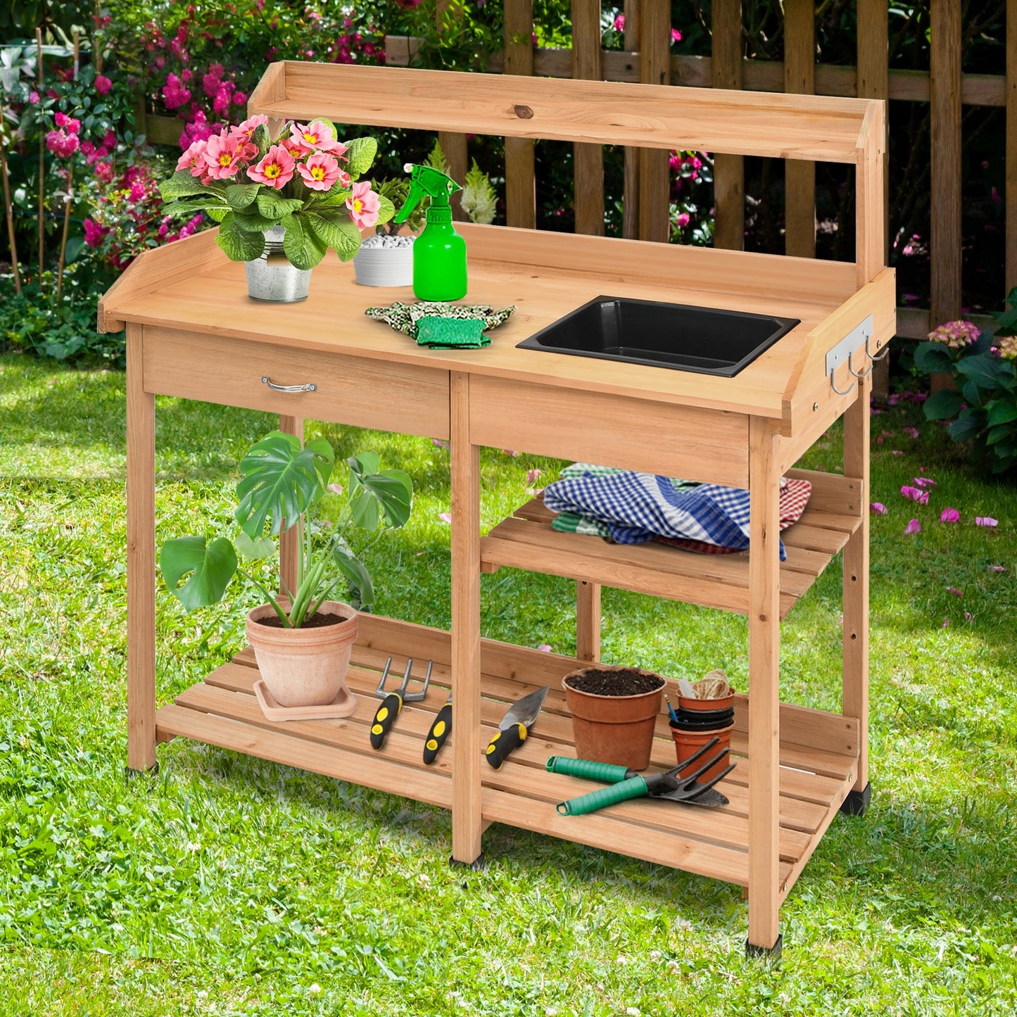 SPECIAL, Outdoor Lawn Patio Potting Bench Storage Table Shelf, Fully Assembled (Scratch and Dent)