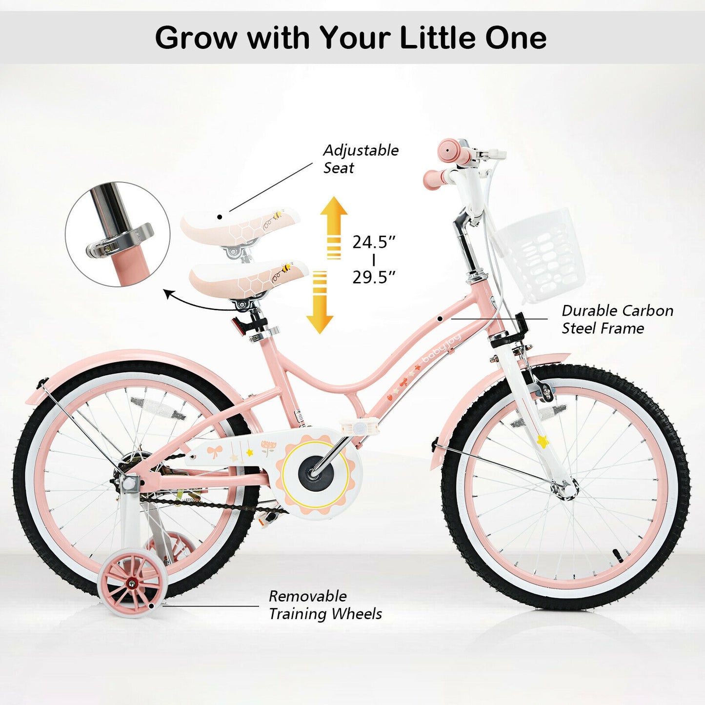 18 Inch Kids Adjustable Bike Toddlers with Training Wheels, Pink, Fully assembled