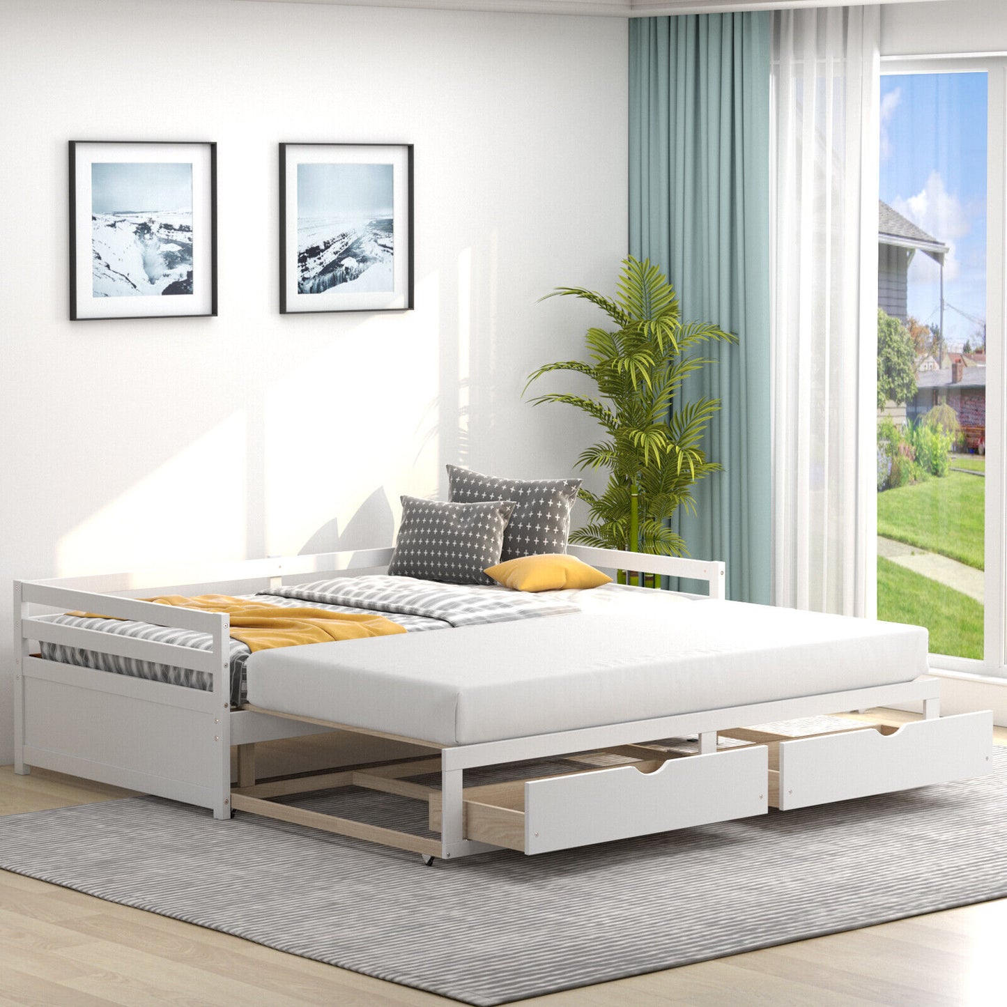 SPECIAL - Extendable Twin to King Daybed with Trundle and 2 Storage Drawers-White (1 Box, Unassembled)
