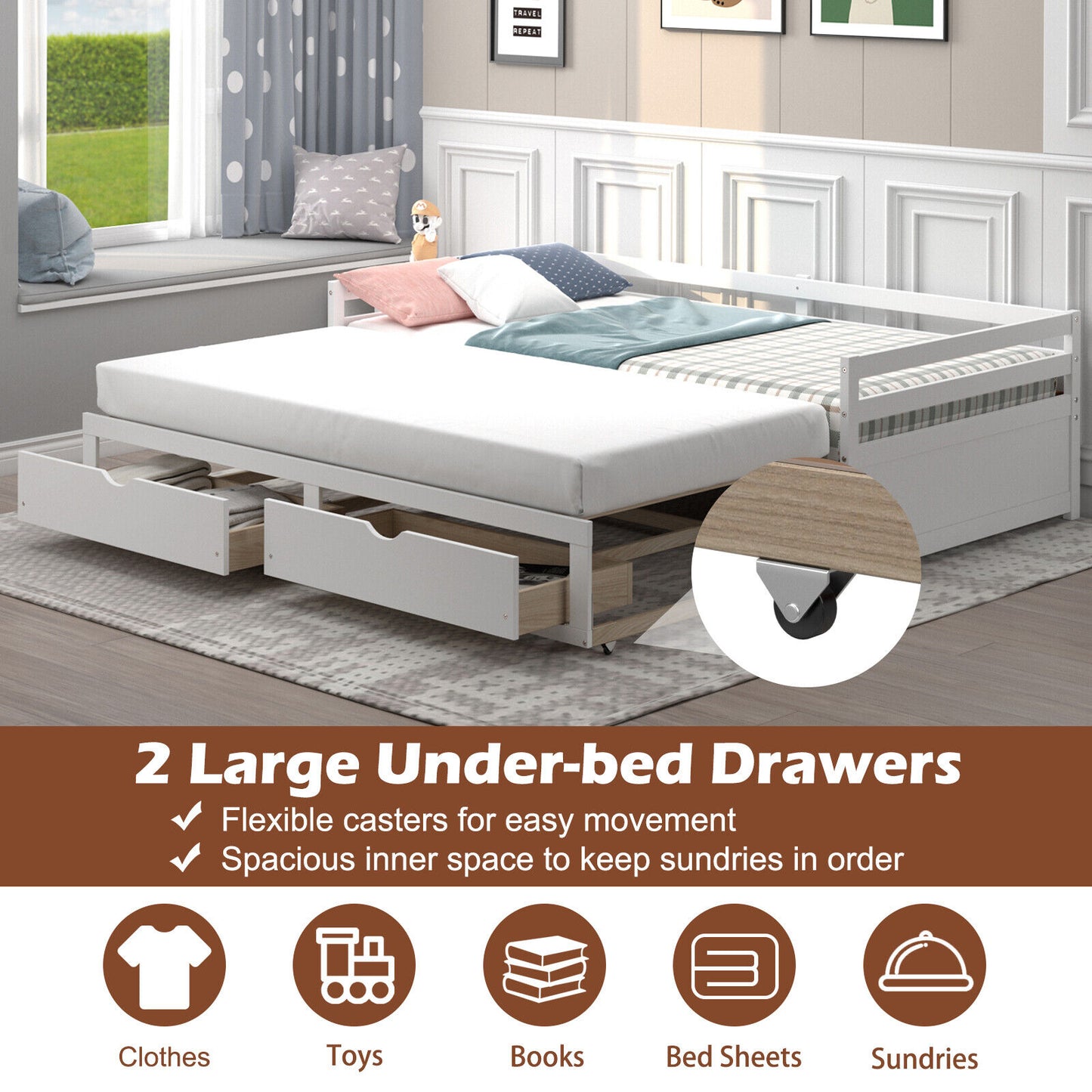 SPECIAL - Extendable Twin to King Daybed with Trundle and 2 Storage Drawers-White (1 Box, Unassembled)