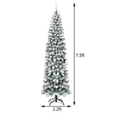 7.5 Feet Pre-lit Snow Flocked Artificial Pencil Christmas Tree with LED Lights