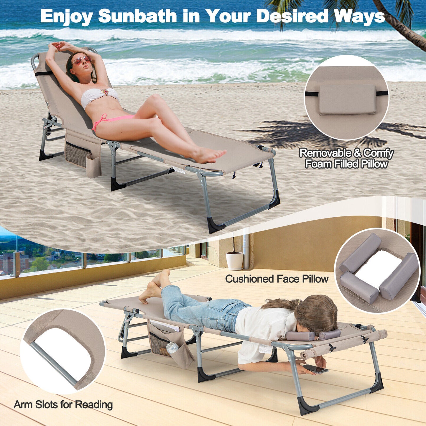 5-position Outdoor Folding Chaise Lounge Chair- OURS IS PINK