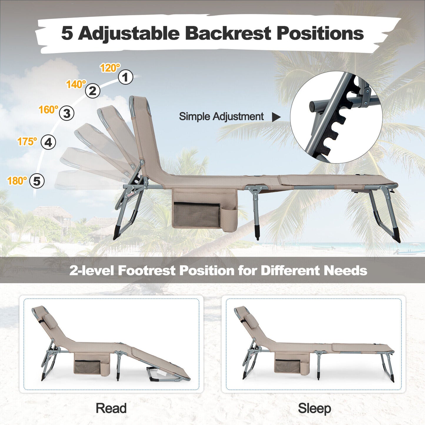 5-position Outdoor Folding Chaise Lounge Chair- OURS IS PINK
