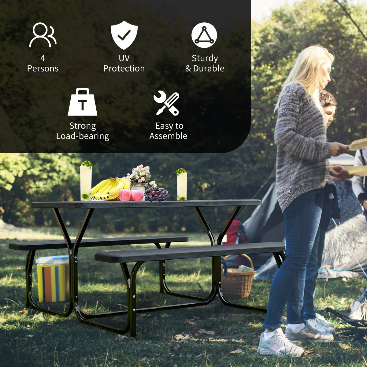 "SPECIAL" - Outdoor Picnic Table Bench Set with Metal Base-Black (1 Box, Unassembled)