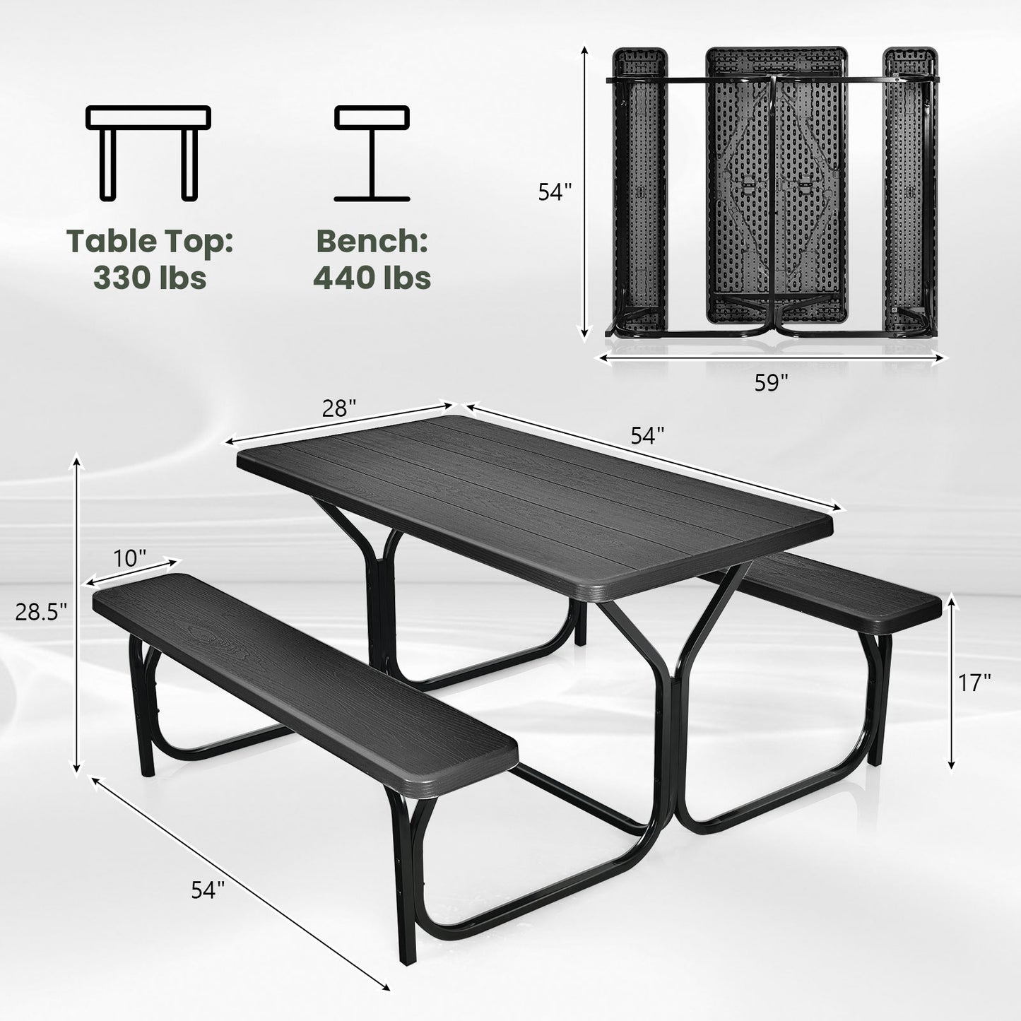"SPECIAL" - Outdoor Picnic Table Bench Set with Metal Base-Black (1 Box, Unassembled)