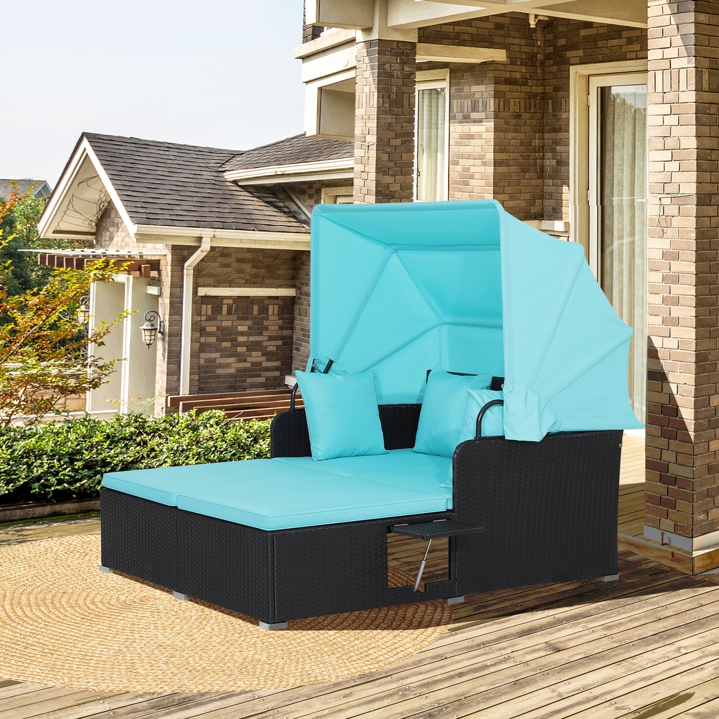 Patio Rattan Daybed with Retractable Canopy and Side Tables-Turquoise, Fully Assembled