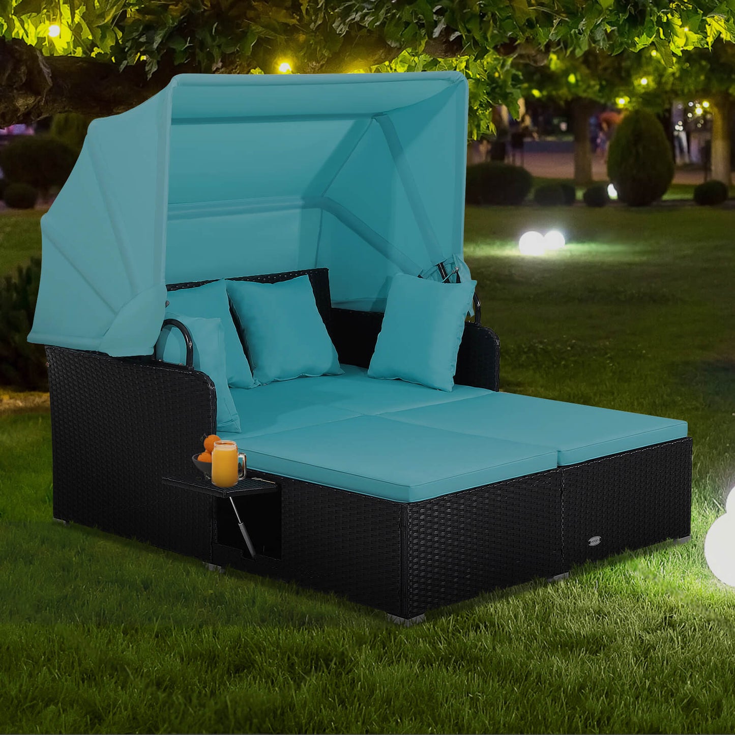 Patio Rattan Daybed with Retractable Canopy and Side Tables-Turquoise, Fully Assembled