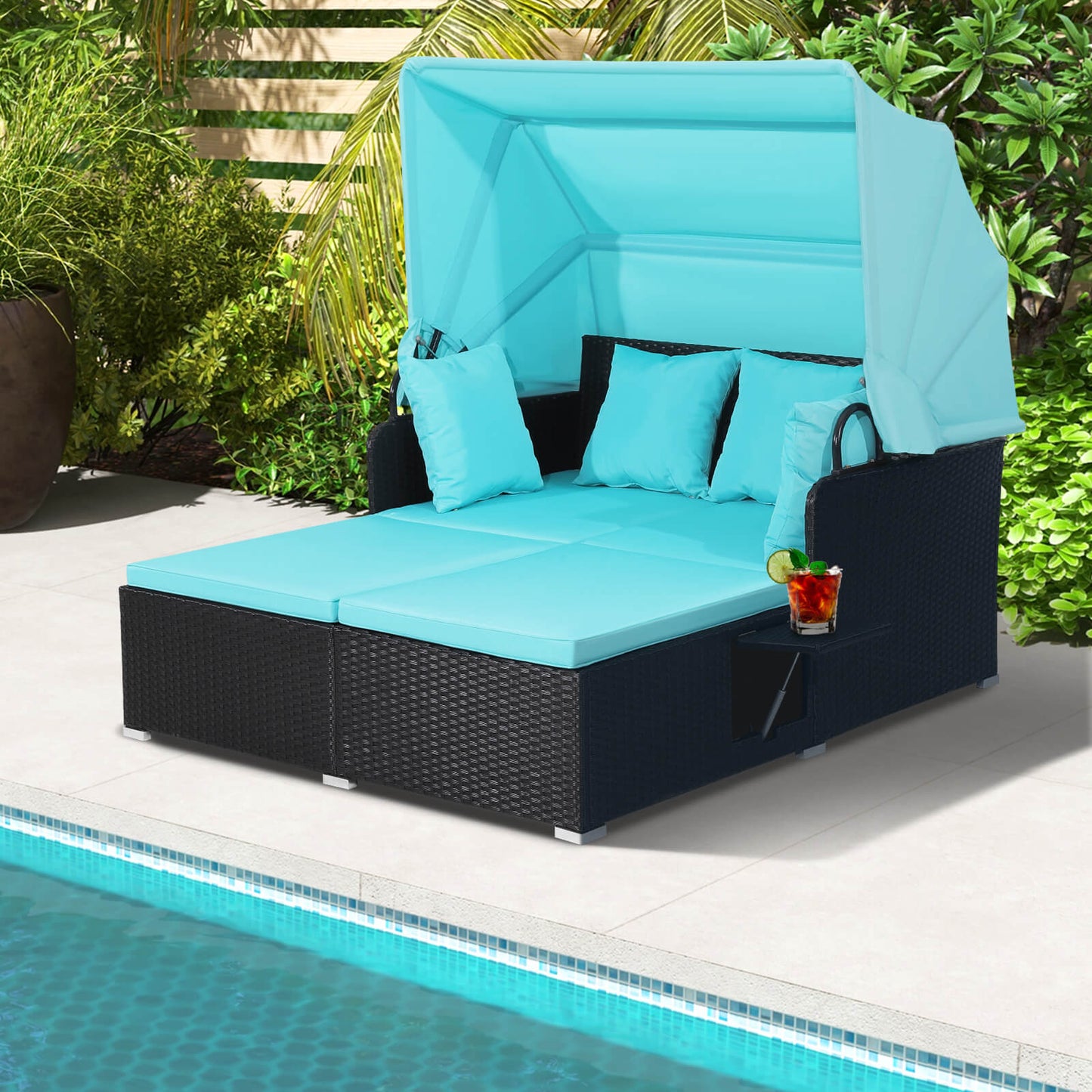 Patio Rattan Daybed with Retractable Canopy and Side Tables-Turquoise, Fully Assembled