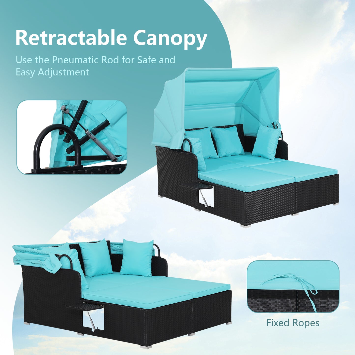 Patio Rattan Daybed with Retractable Canopy and Side Tables-Turquoise, Fully Assembled