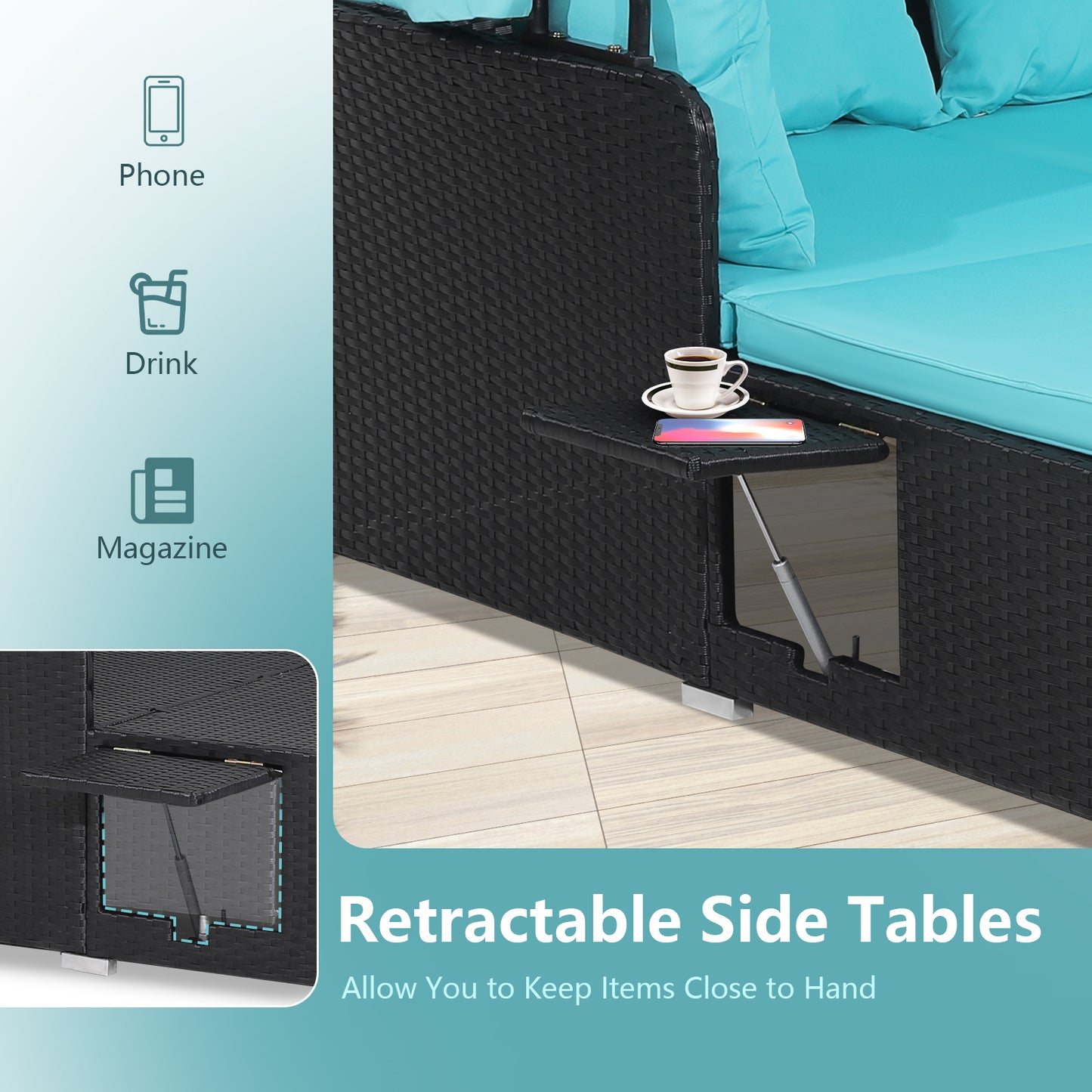 Patio Rattan Daybed with Retractable Canopy and Side Tables-Turquoise, Fully Assembled