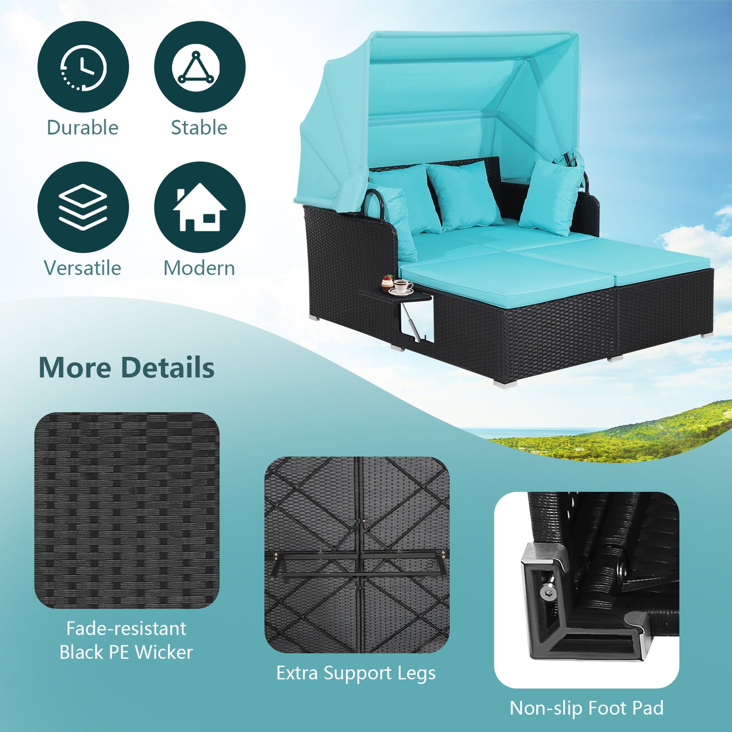 Patio Rattan Daybed with Retractable Canopy and Side Tables-Turquoise, Fully Assembled