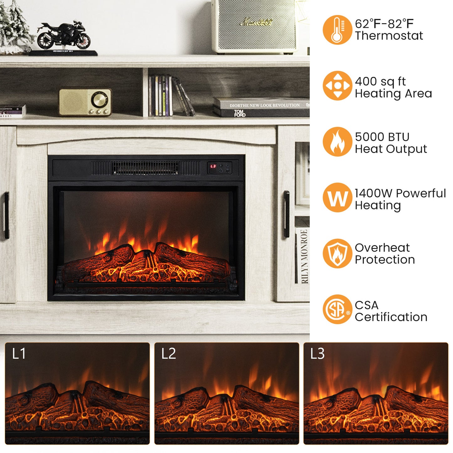 Fireplace TV Stand with 1400W Electric Fireplace-Gray, Fully Assembled