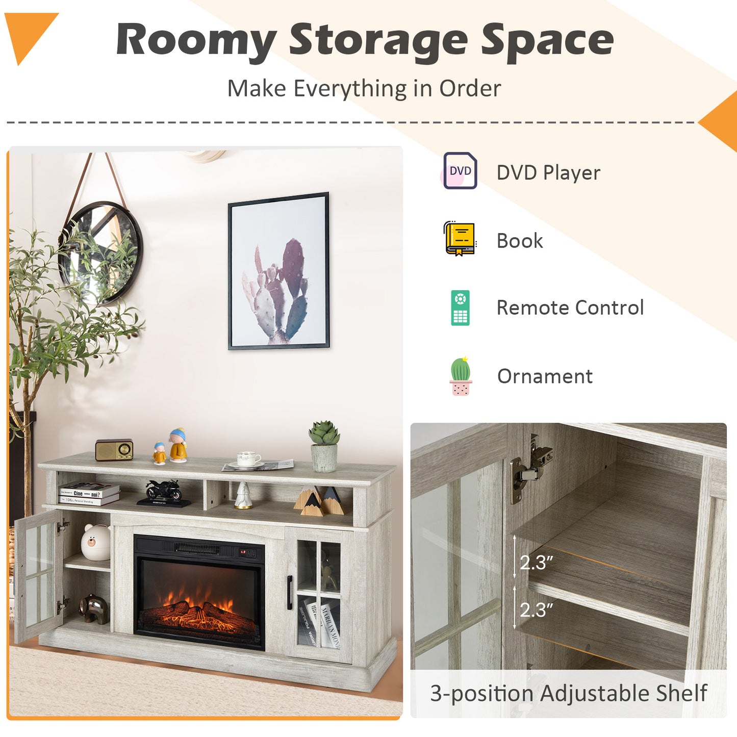 Fireplace TV Stand with 1400W Electric Fireplace-Gray, Fully Assembled