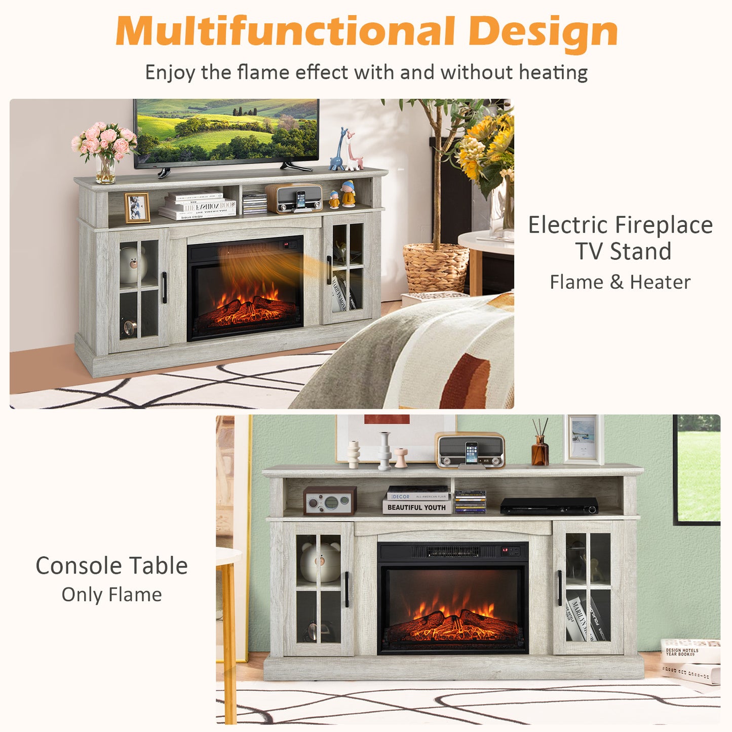 Fireplace TV Stand with 1400W Electric Fireplace-Gray, Fully Assembled