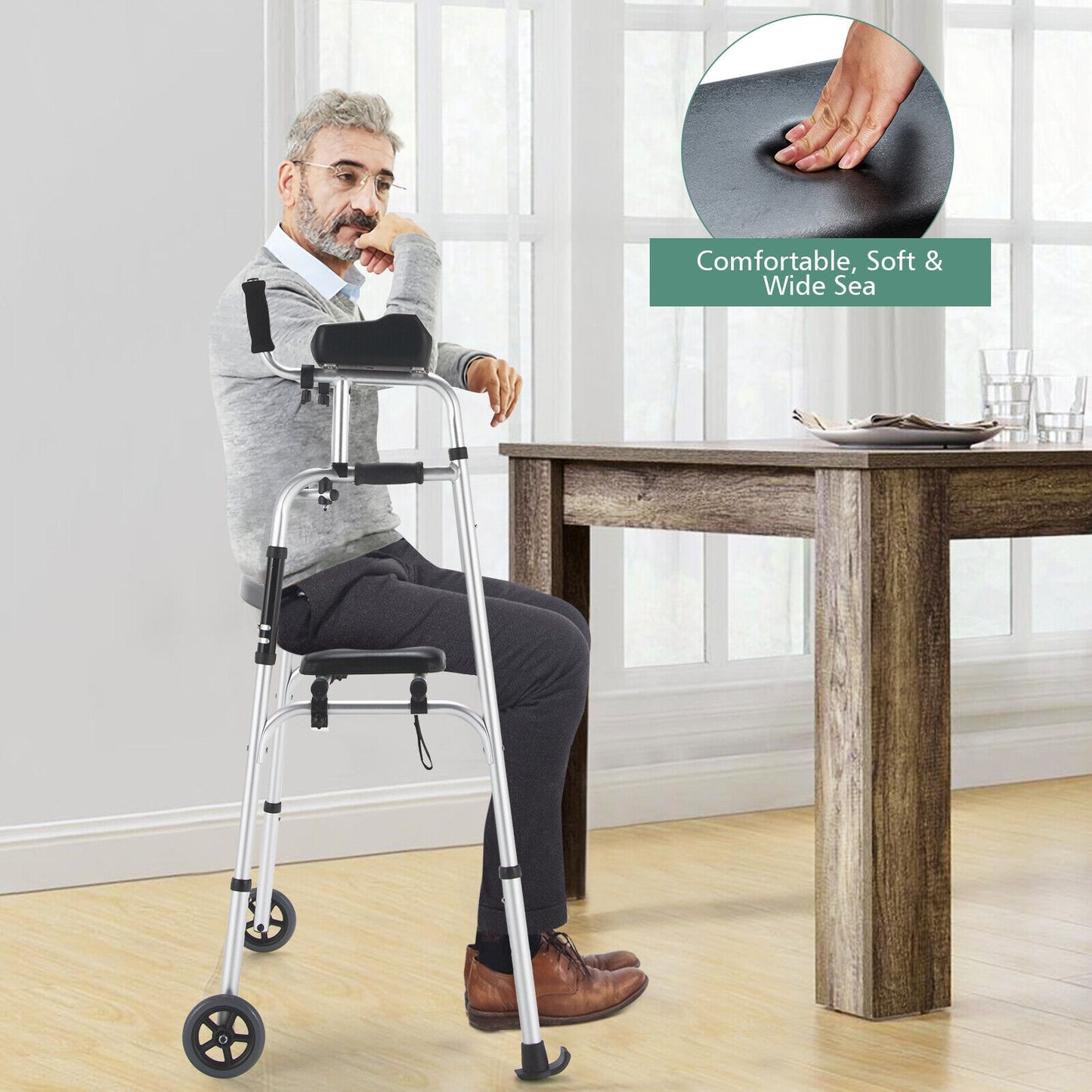 Height Adjustable Rolling Walker With Seat and Armrest Pad