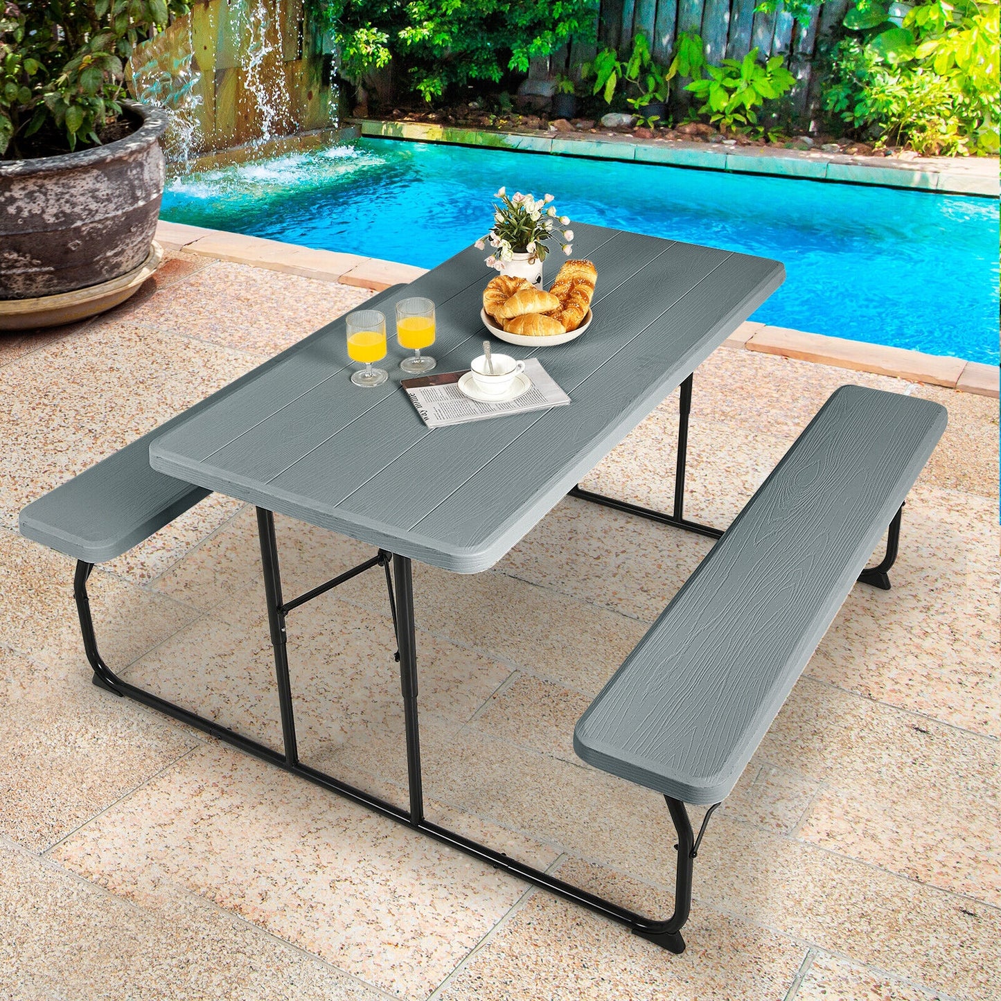 Scratch & Dent Special, Indoor and Outdoor Folding Picnic Table Bench Set with Wood-like Texture-Gray, fully assembled