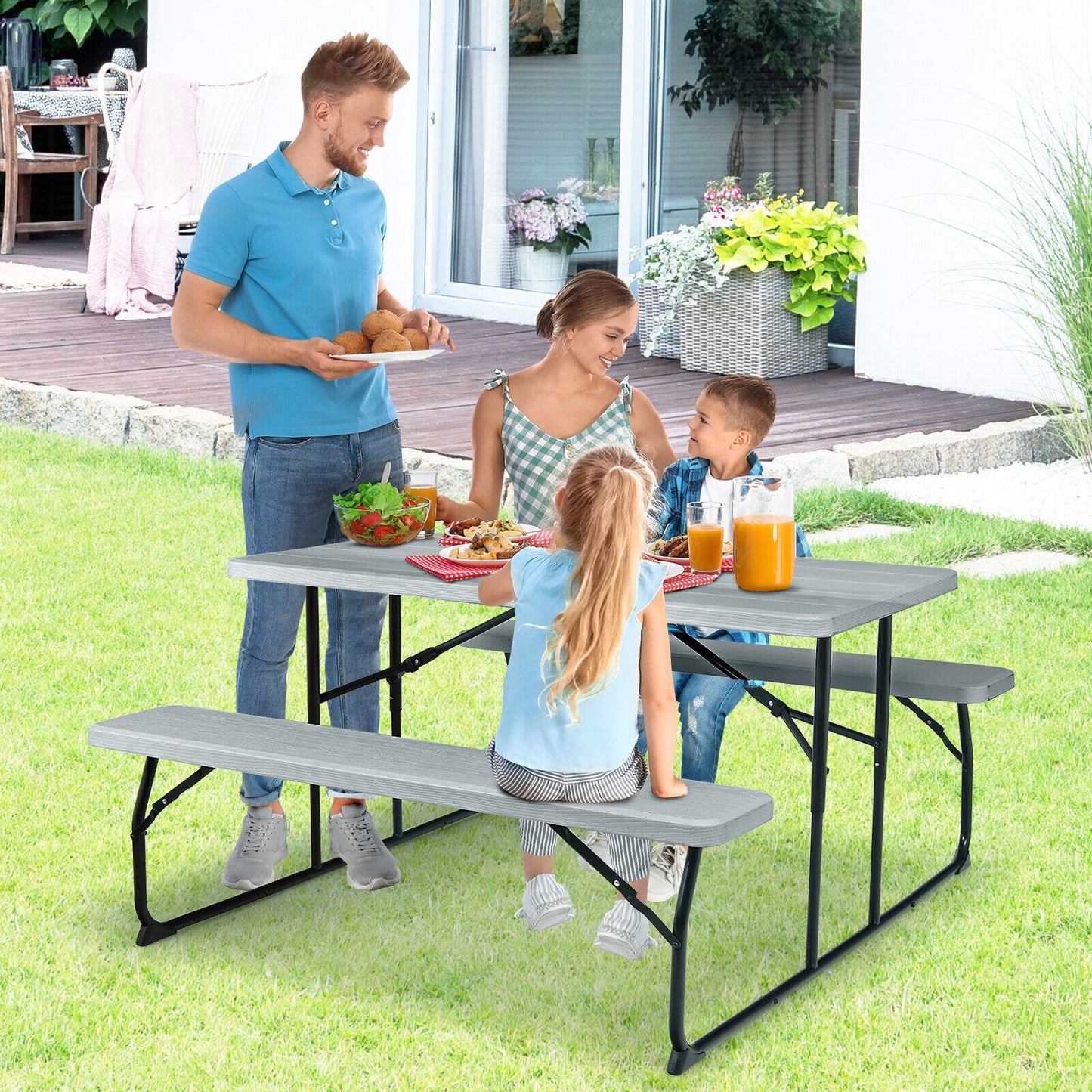 Scratch & Dent Special, Indoor and Outdoor Folding Picnic Table Bench Set with Wood-like Texture-Gray, fully assembled