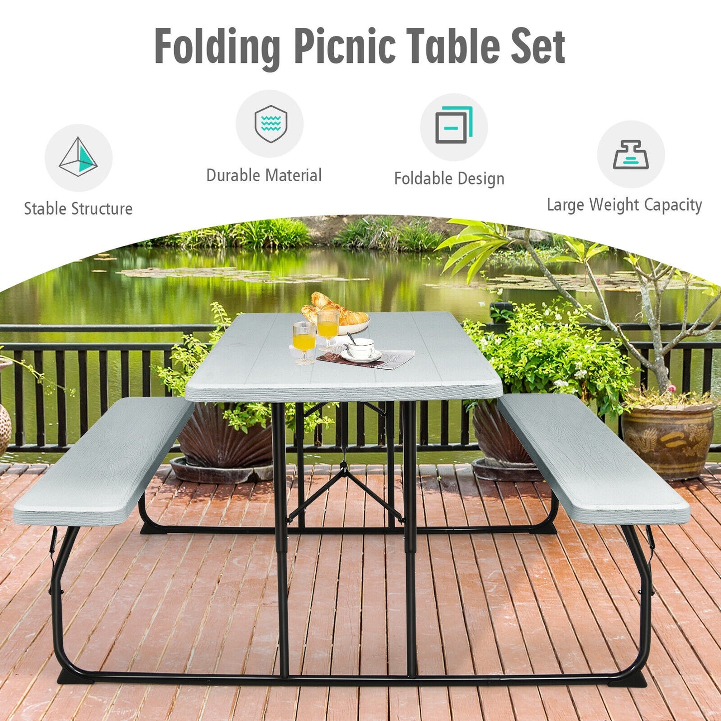 Scratch & Dent Special, Indoor and Outdoor Folding Picnic Table Bench Set with Wood-like Texture-Gray, fully assembled